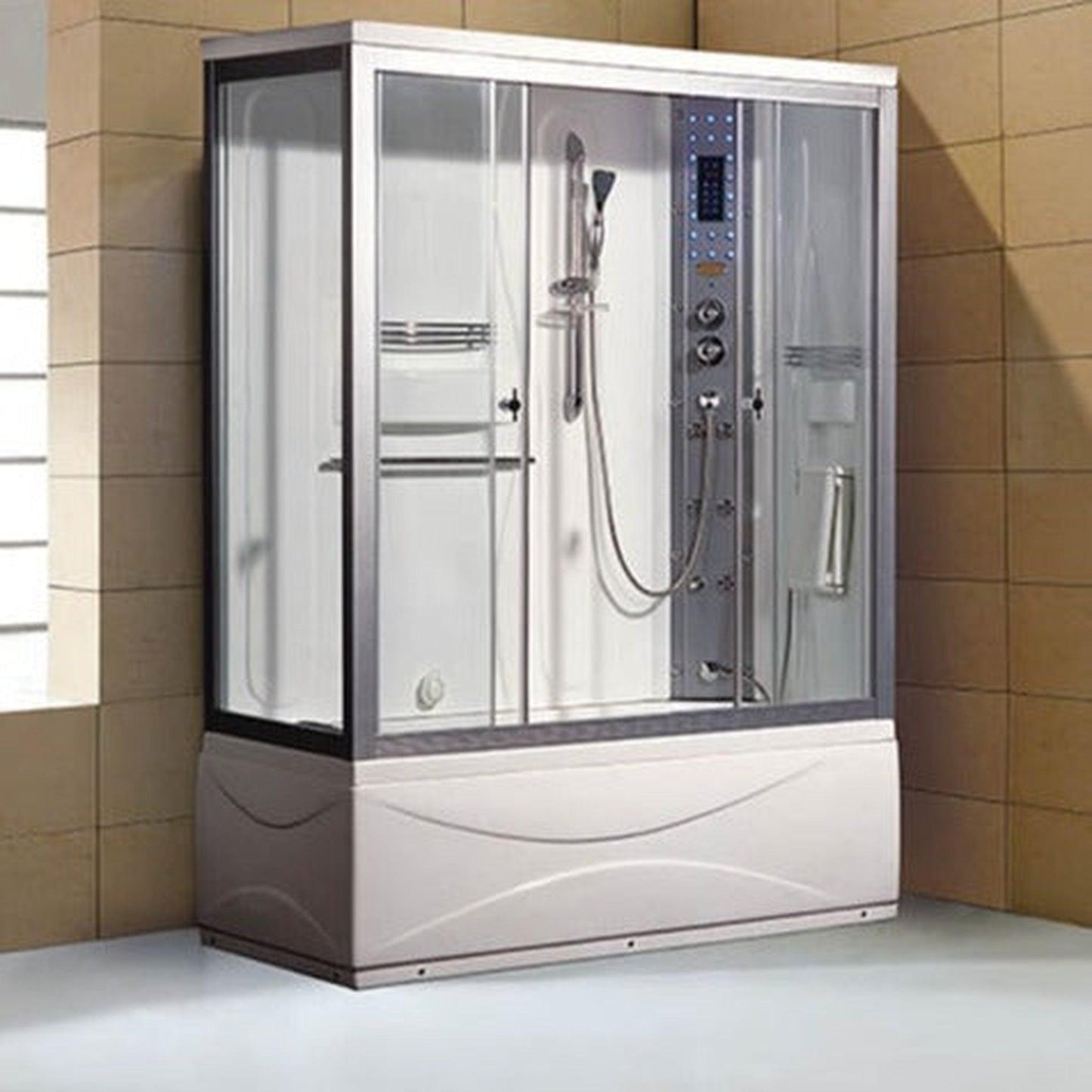 Mesa 60" x 33" x 85" Clear Tempered Glass Freestanding Combination Steam Shower With Jetted Tub, Right-Side Control Panel Configuration, 3kW Steam Generator and 12 Acupuncture Water Body Jets