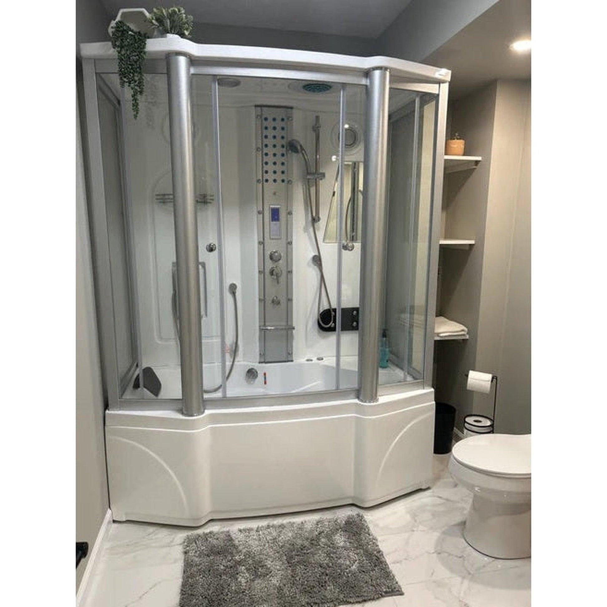 Mesa 67" x 35" x 86" Clear Tempered Glass Freestanding Steam Shower Jetted Tub With 3kW High Output Steam Engine, 6 Body Massage Jets and 6 Adjustable Tub Jets