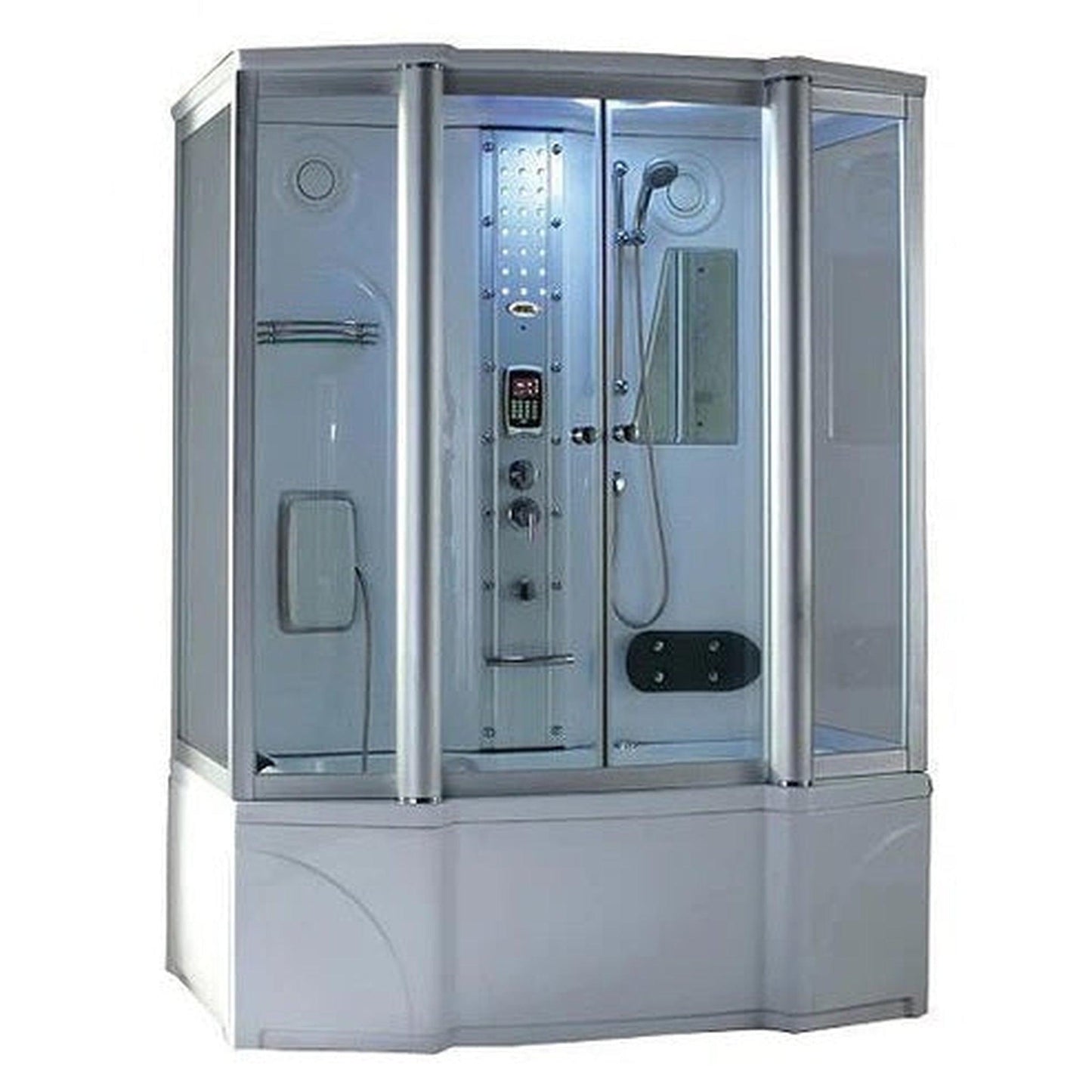 Mesa 67" x 35" x 86" Clear Tempered Glass Freestanding Steam Shower Jetted Tub With 3kW High Output Steam Engine, 6 Body Massage Jets and 6 Adjustable Tub Jets