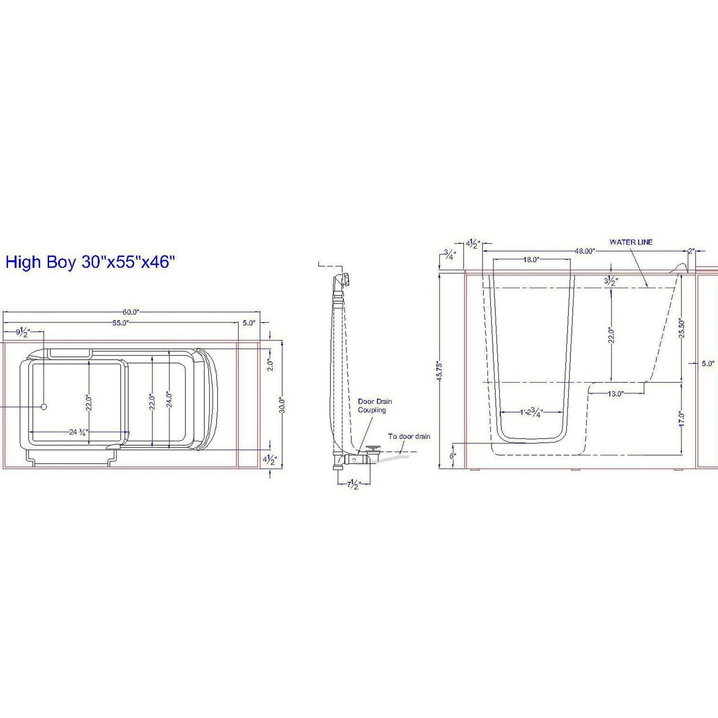 Mobility Bathworks 30"W x 55"L x 46"H Walk-In Left Hand Soaker Tub