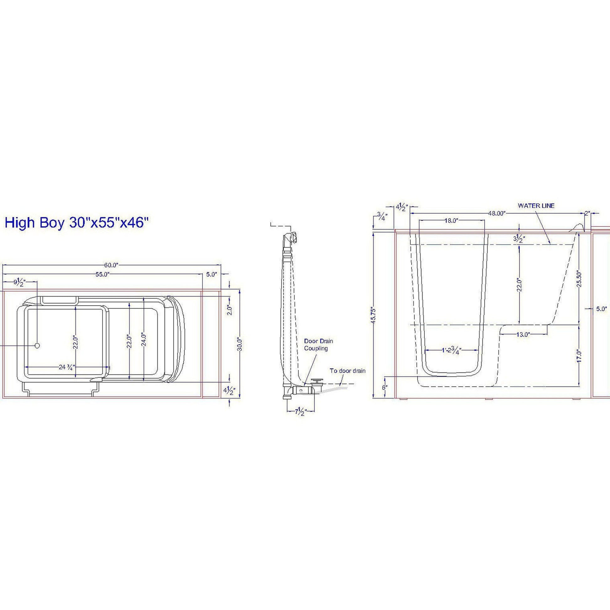 Mobility Bathworks 30"W x 55"L x 46"H Walk-In Left Hand Soaker Tub