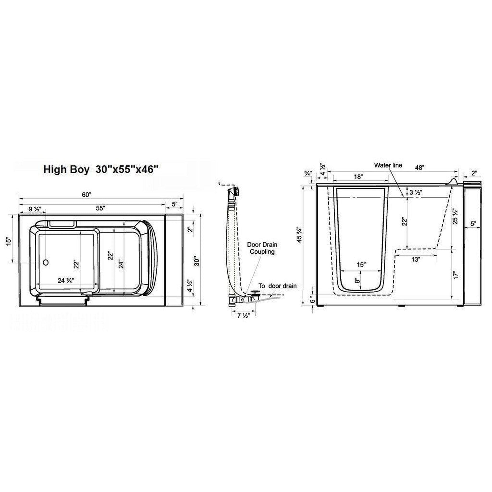Mobility Bathworks 30"W x 55"L x 46"H Walk-In Right Hand Water Jetted Tub - White