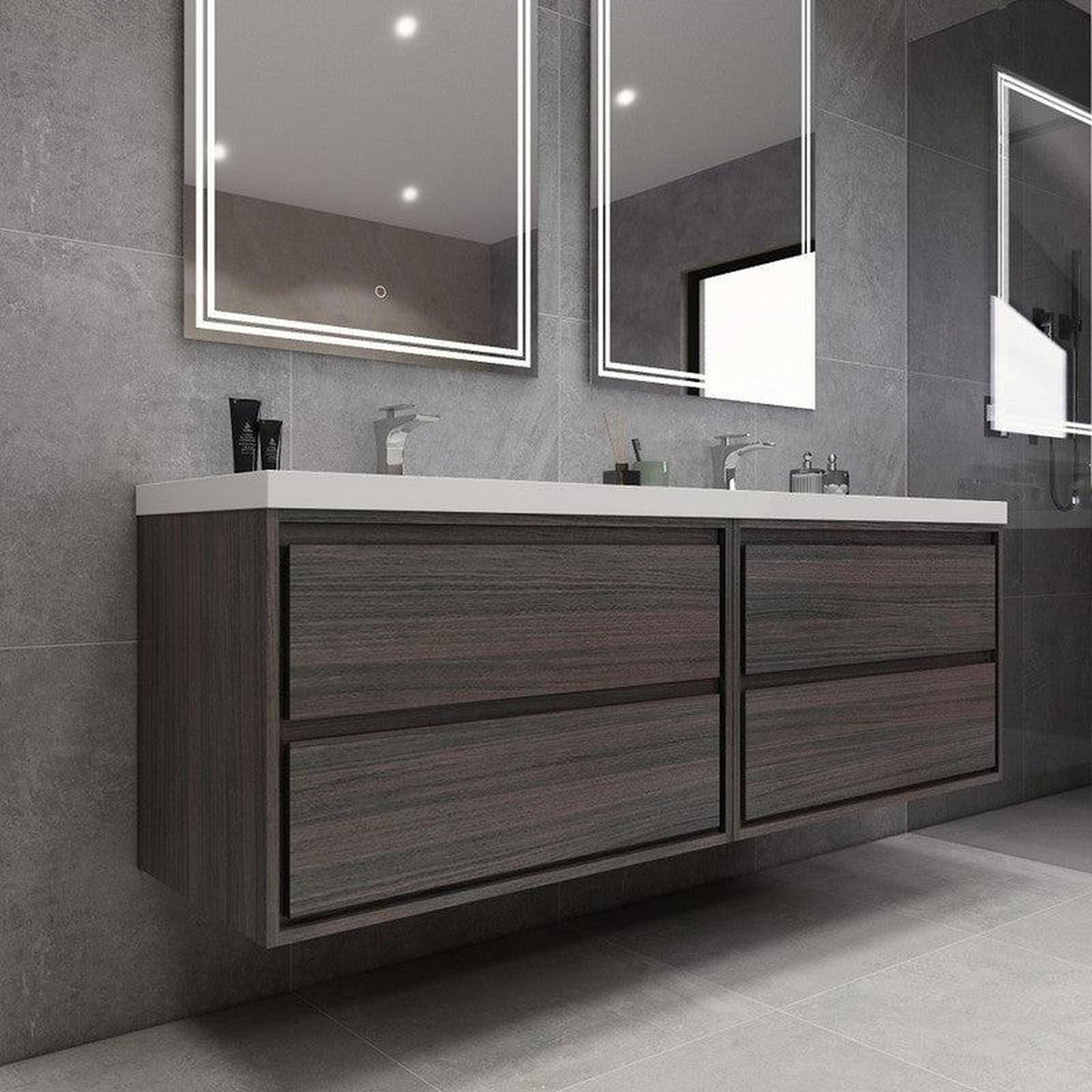 Moreno Bath Sage 72" 3-Piece Dark Gray Oak Wall-Mounted Modern Vanity With Double Reinforced White Acrylic Sinks