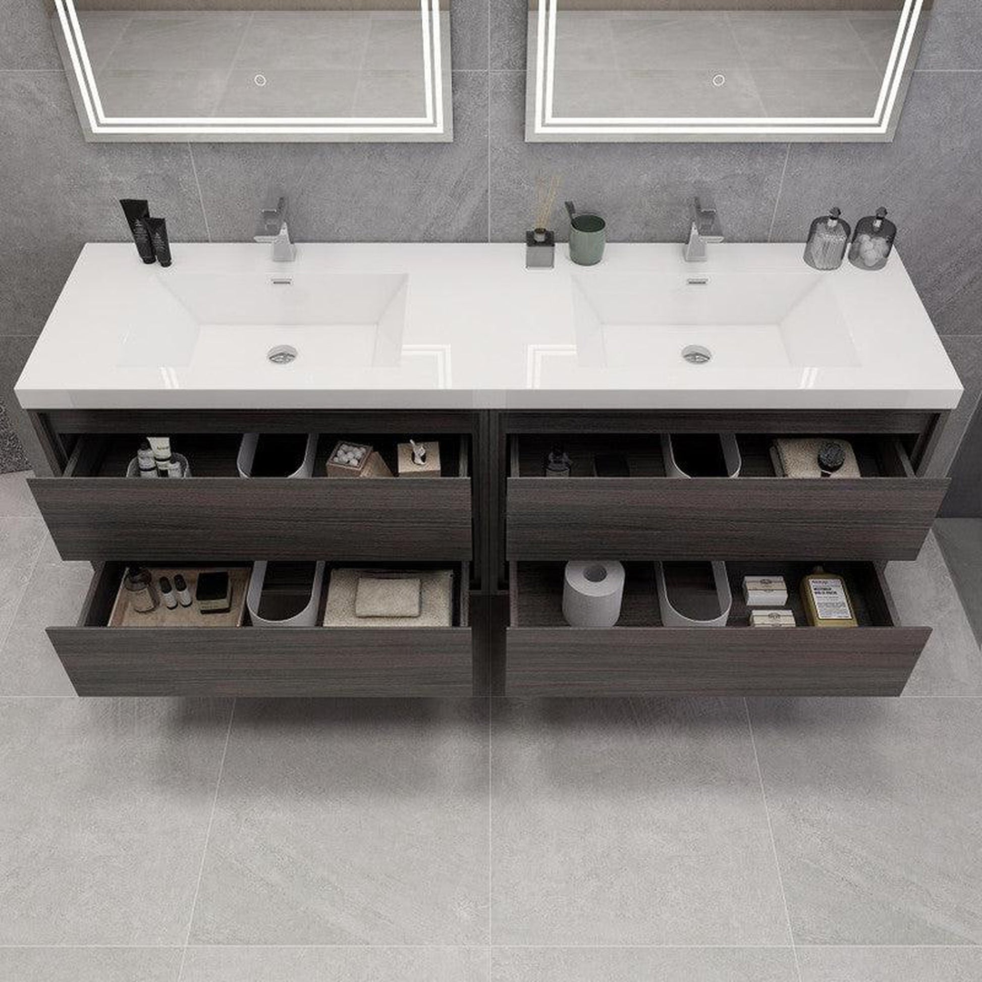 Moreno Bath Sage 72" 3-Piece Dark Gray Oak Wall-Mounted Modern Vanity With Double Reinforced White Acrylic Sinks