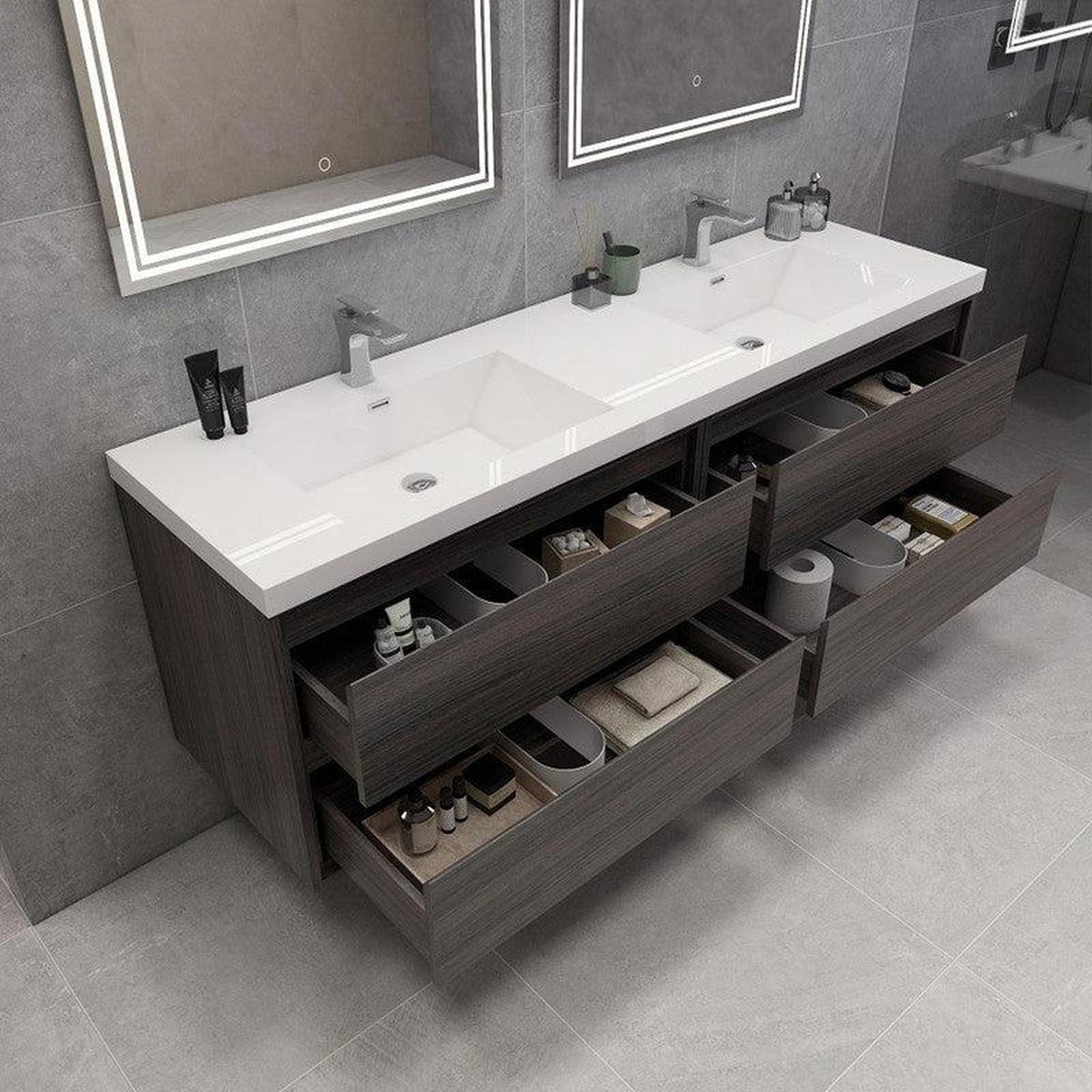 Moreno Bath Sage 72" 3-Piece Dark Gray Oak Wall-Mounted Modern Vanity With Double Reinforced White Acrylic Sinks