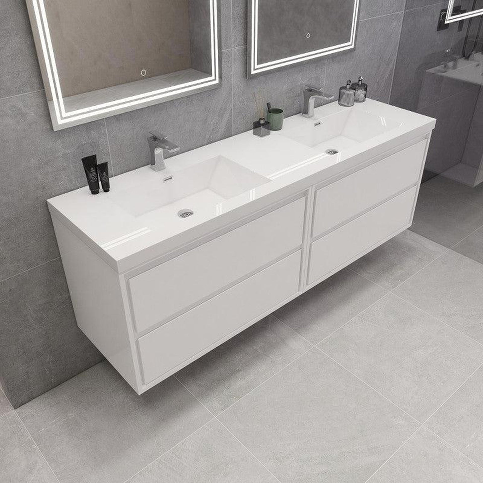 Moreno Bath Sage 72" 3-Piece High Gloss White Wall-Mounted Modern Vanity With Double Reinforced White Acrylic Sinks