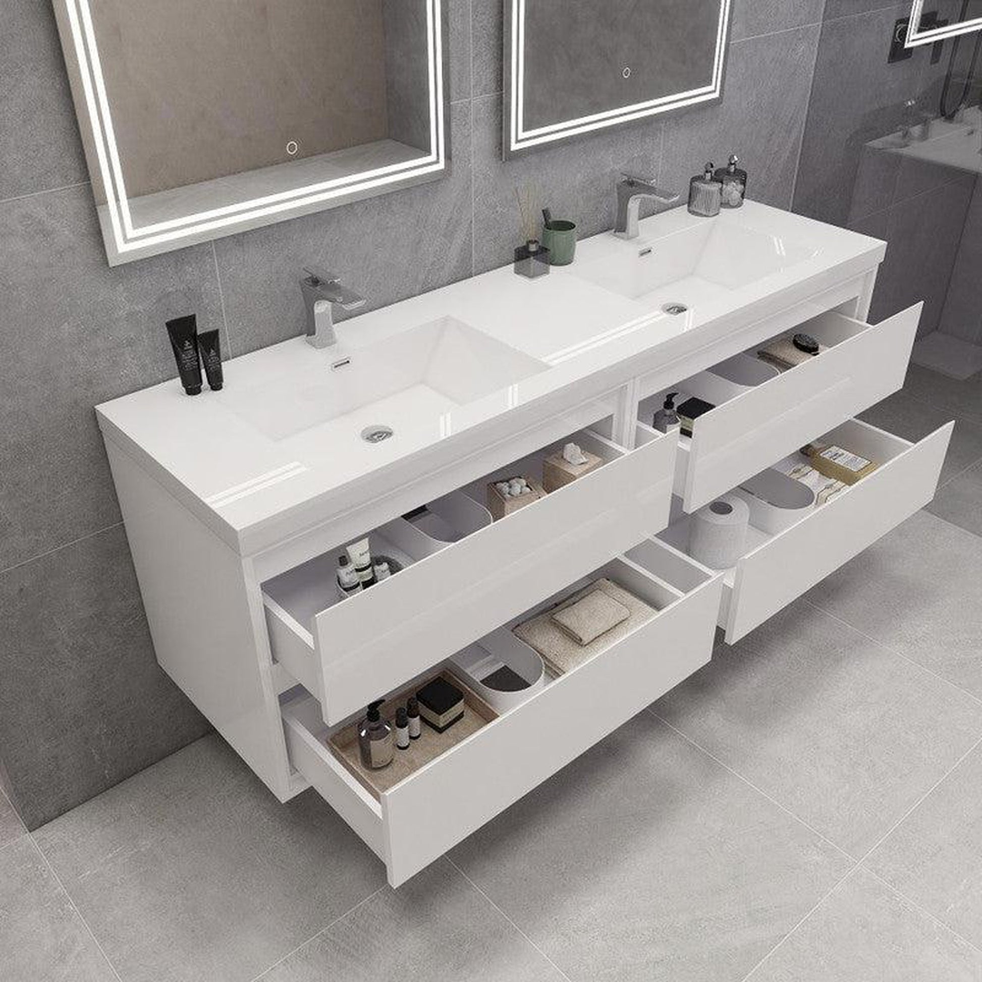 Moreno Bath Sage 72" 3-Piece High Gloss White Wall-Mounted Modern Vanity With Double Reinforced White Acrylic Sinks