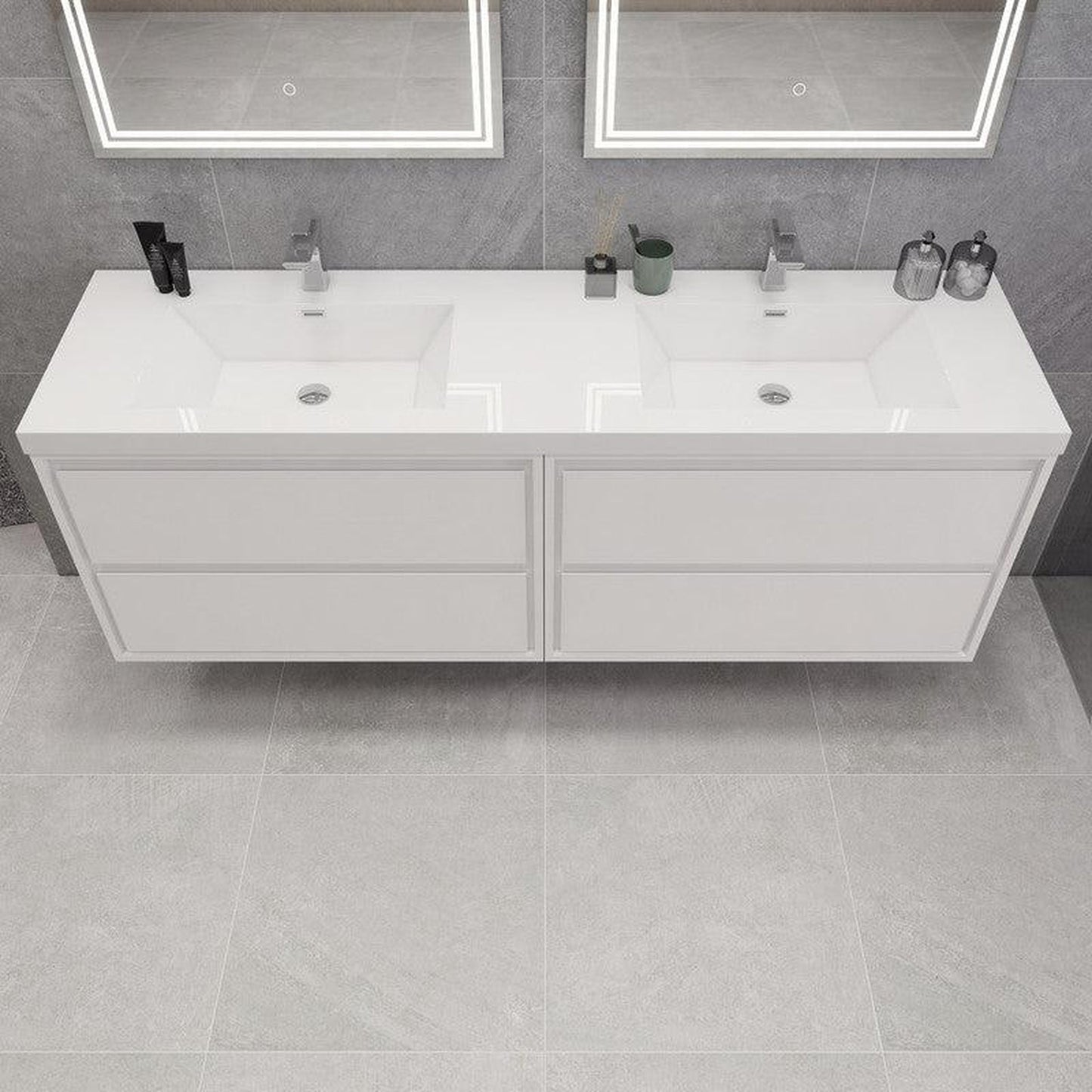 Moreno Bath Sage 72" 3-Piece High Gloss White Wall-Mounted Modern Vanity With Double Reinforced White Acrylic Sinks