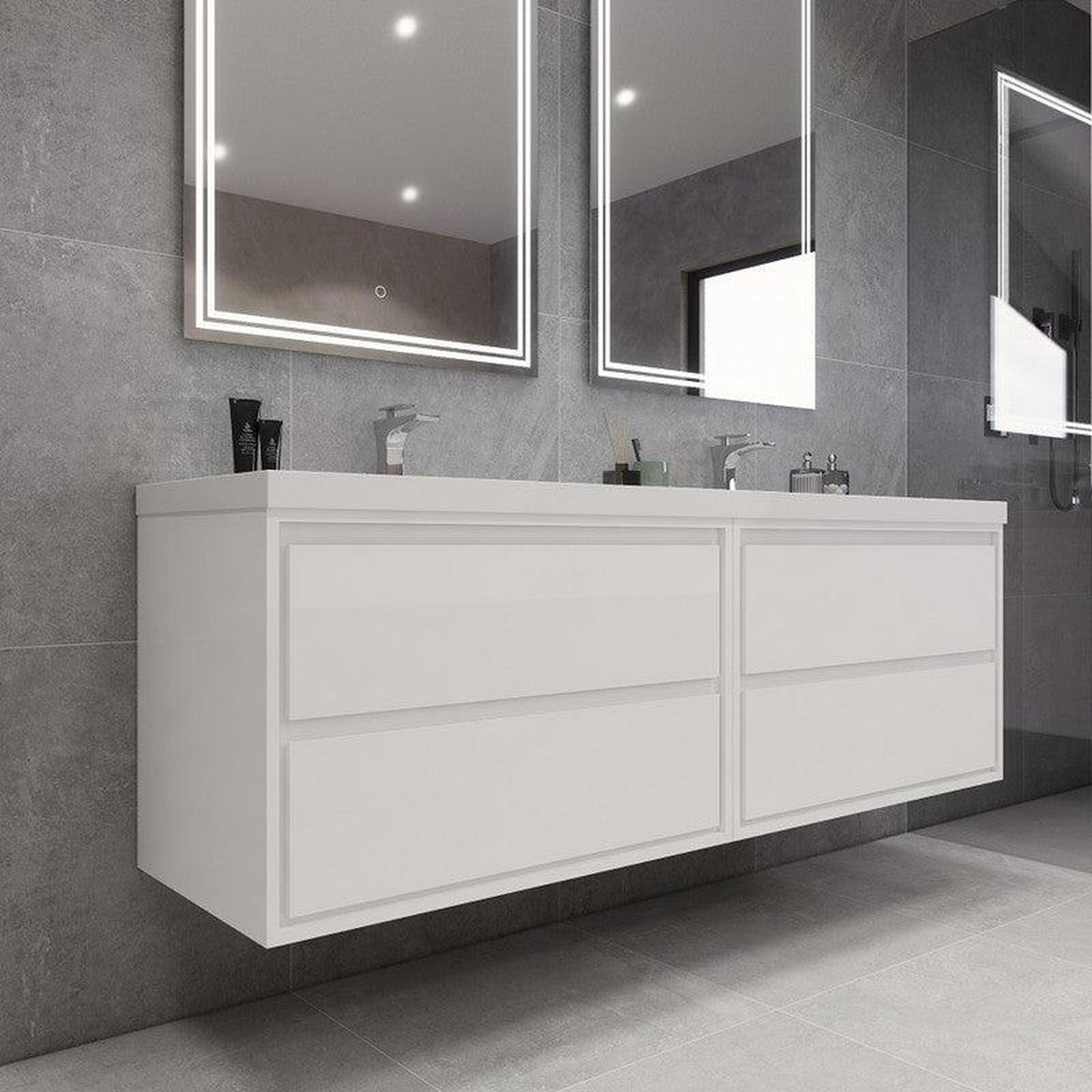 Moreno Bath Sage 72" 3-Piece High Gloss White Wall-Mounted Modern Vanity With Double Reinforced White Acrylic Sinks