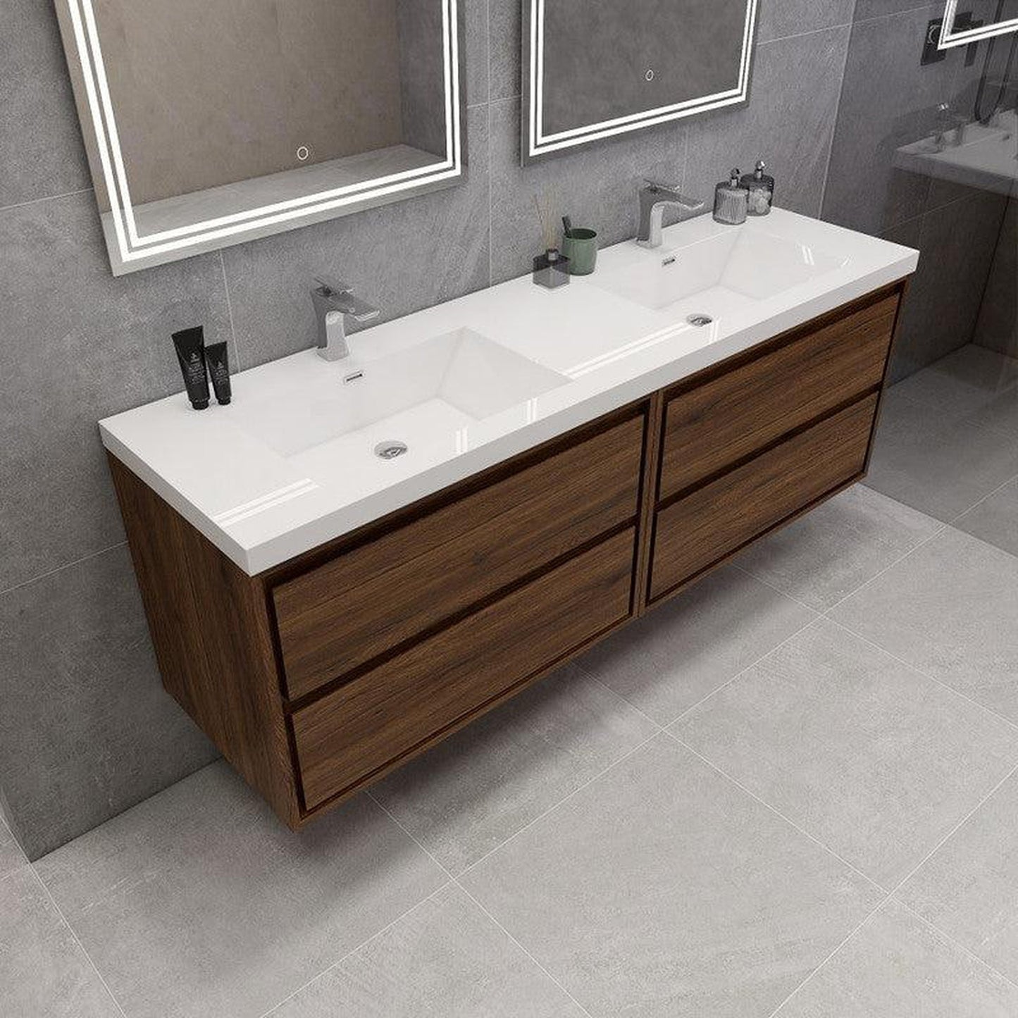 Moreno Bath Sage 72" 3-Piece Rosewood Wall-Mounted Modern Vanity With Double Reinforced White Acrylic Sinks