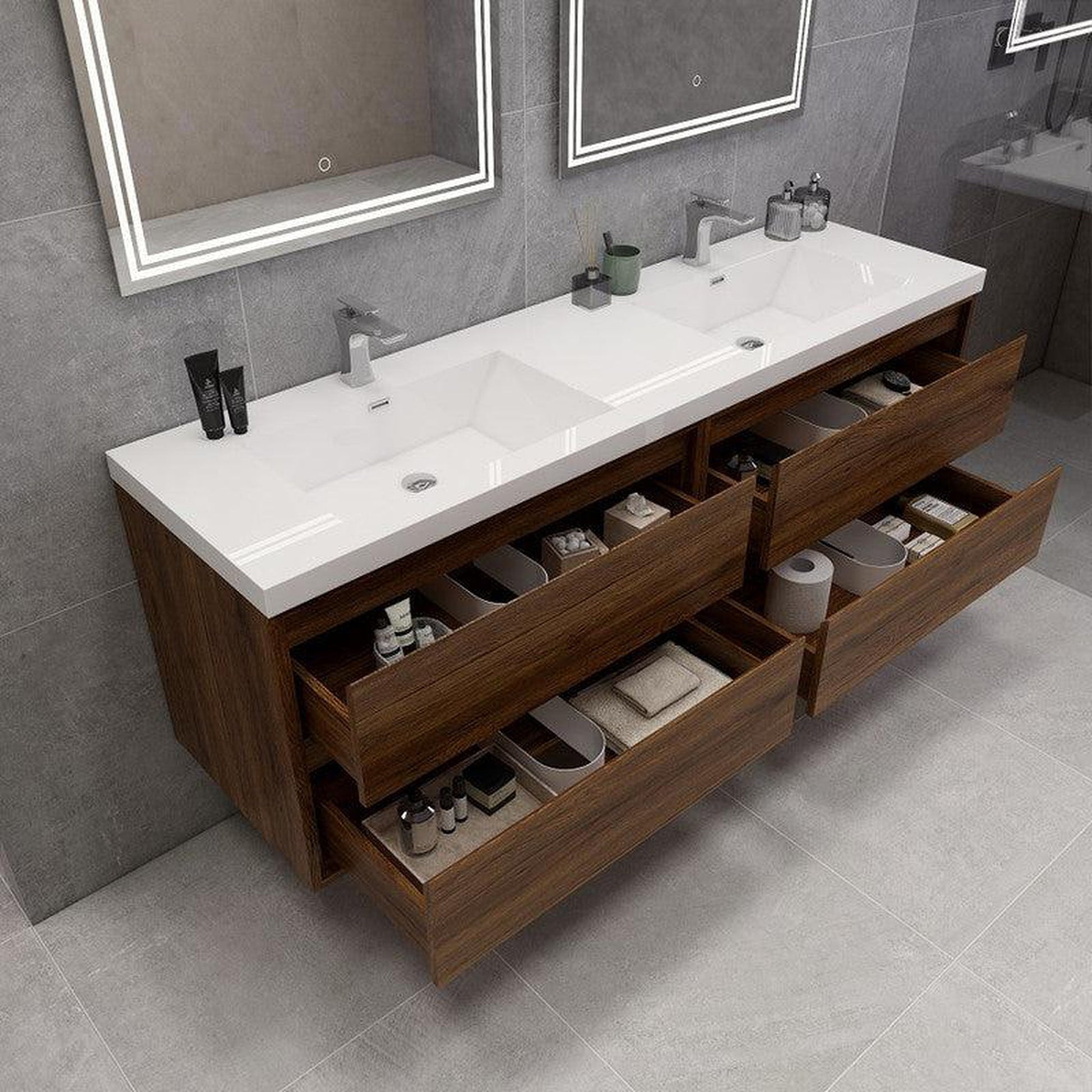 Moreno Bath Sage 72" 3-Piece Rosewood Wall-Mounted Modern Vanity With Double Reinforced White Acrylic Sinks