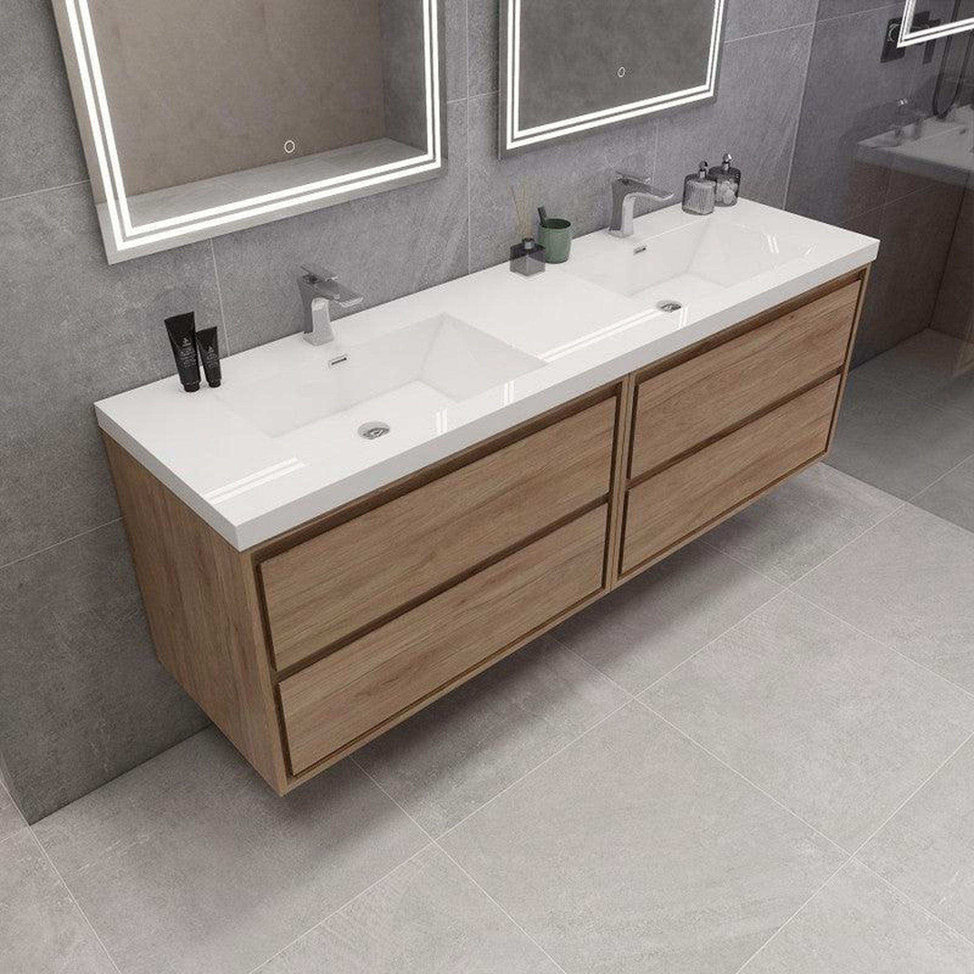 Moreno Bath Sage 72" 3-Piece White Oak Wall-Mounted Modern Vanity With Double Reinforced White Acrylic Sinks