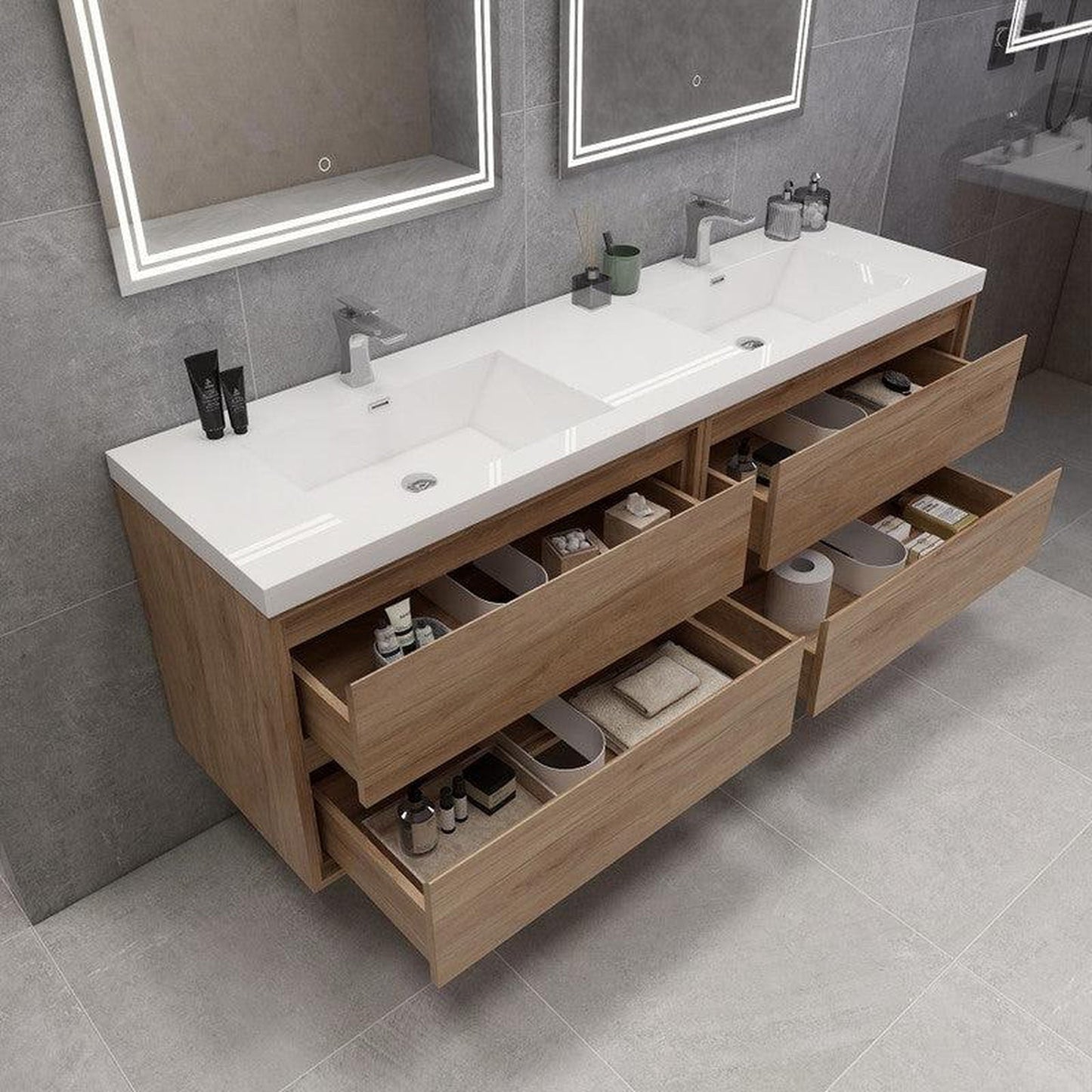 Moreno Bath Sage 72" 3-Piece White Oak Wall-Mounted Modern Vanity With Double Reinforced White Acrylic Sinks