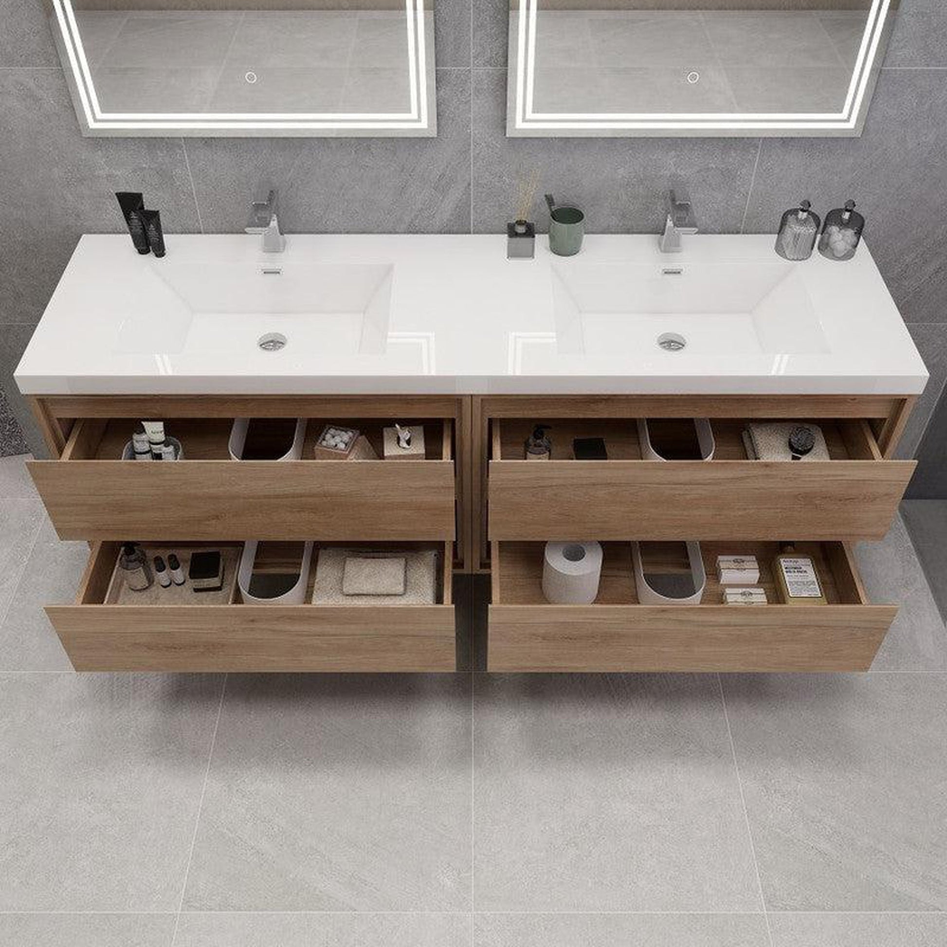 Moreno Bath Sage 72" 3-Piece White Oak Wall-Mounted Modern Vanity With Double Reinforced White Acrylic Sinks