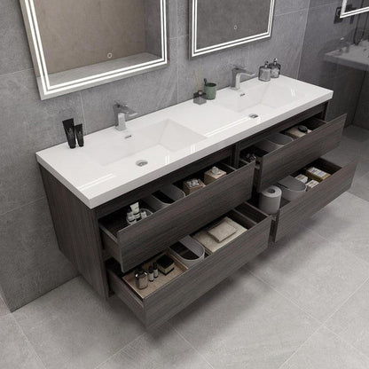 Moreno Bath Sage 72" Dark Gray Oak Wall-Mounted Modern Vanity With Double Reinforced White Acrylic Sinks