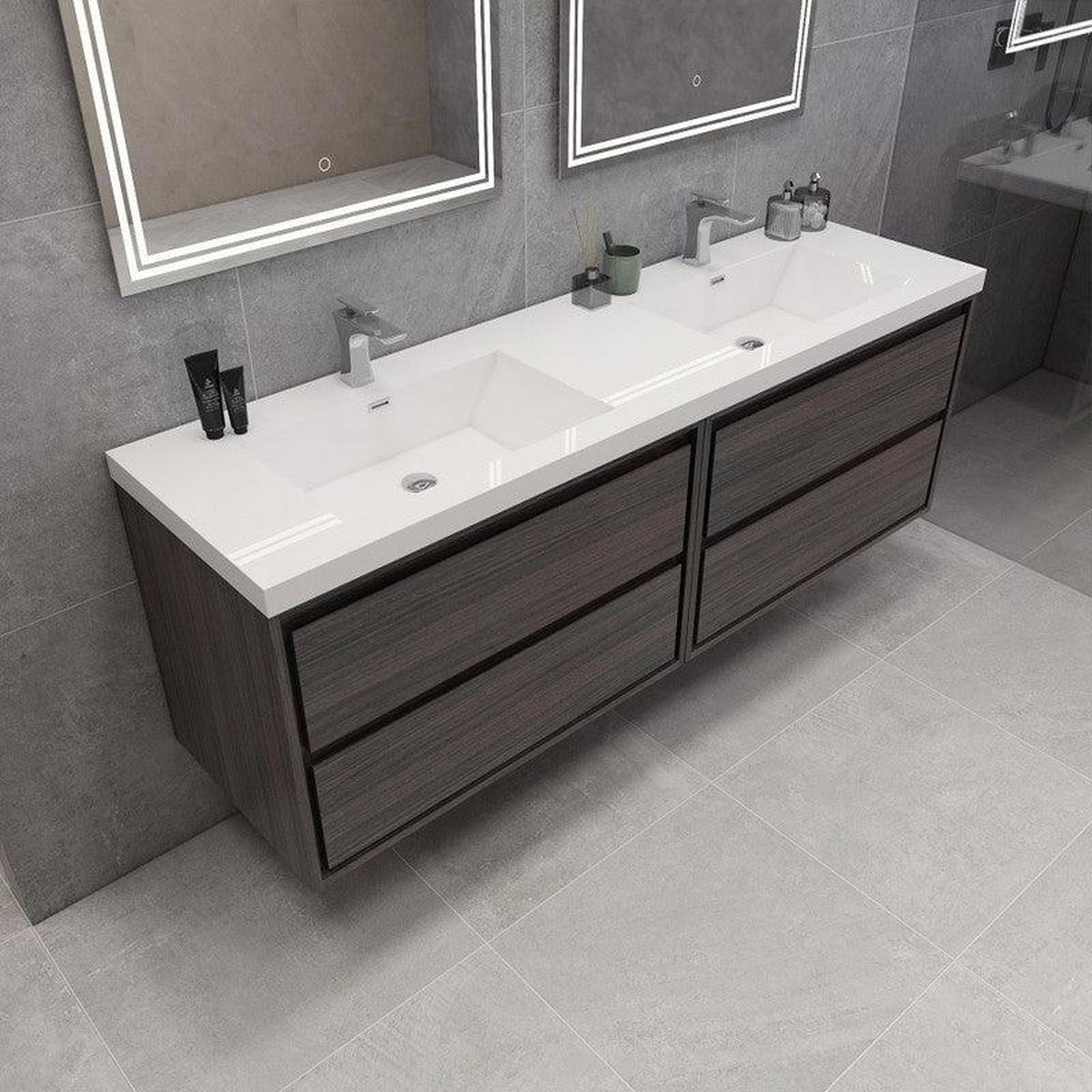 Moreno Bath Sage 72" Dark Gray Oak Wall-Mounted Modern Vanity With Double Reinforced White Acrylic Sinks