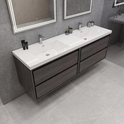 Moreno Bath Sage 72" Dark Gray Oak Wall-Mounted Modern Vanity With Double Reinforced White Acrylic Sinks
