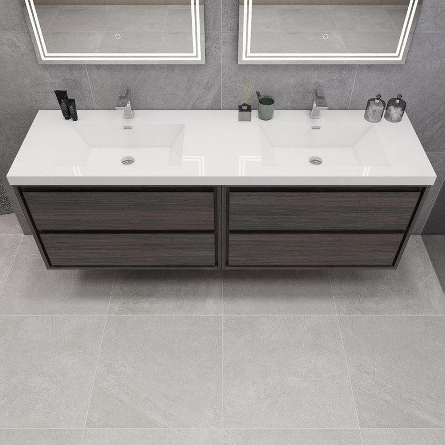 Moreno Bath Sage 72" Dark Gray Oak Wall-Mounted Modern Vanity With Double Reinforced White Acrylic Sinks
