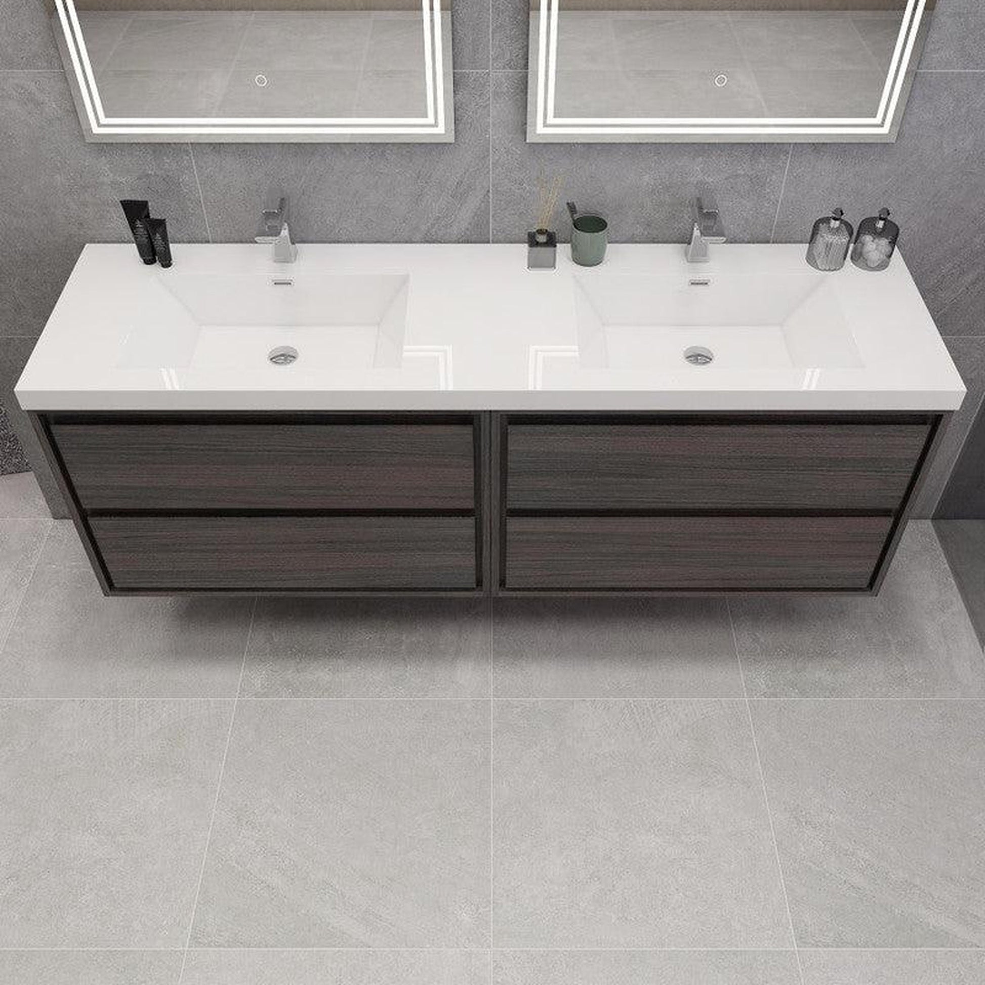 Moreno Bath Sage 72" Dark Gray Oak Wall-Mounted Modern Vanity With Double Reinforced White Acrylic Sinks