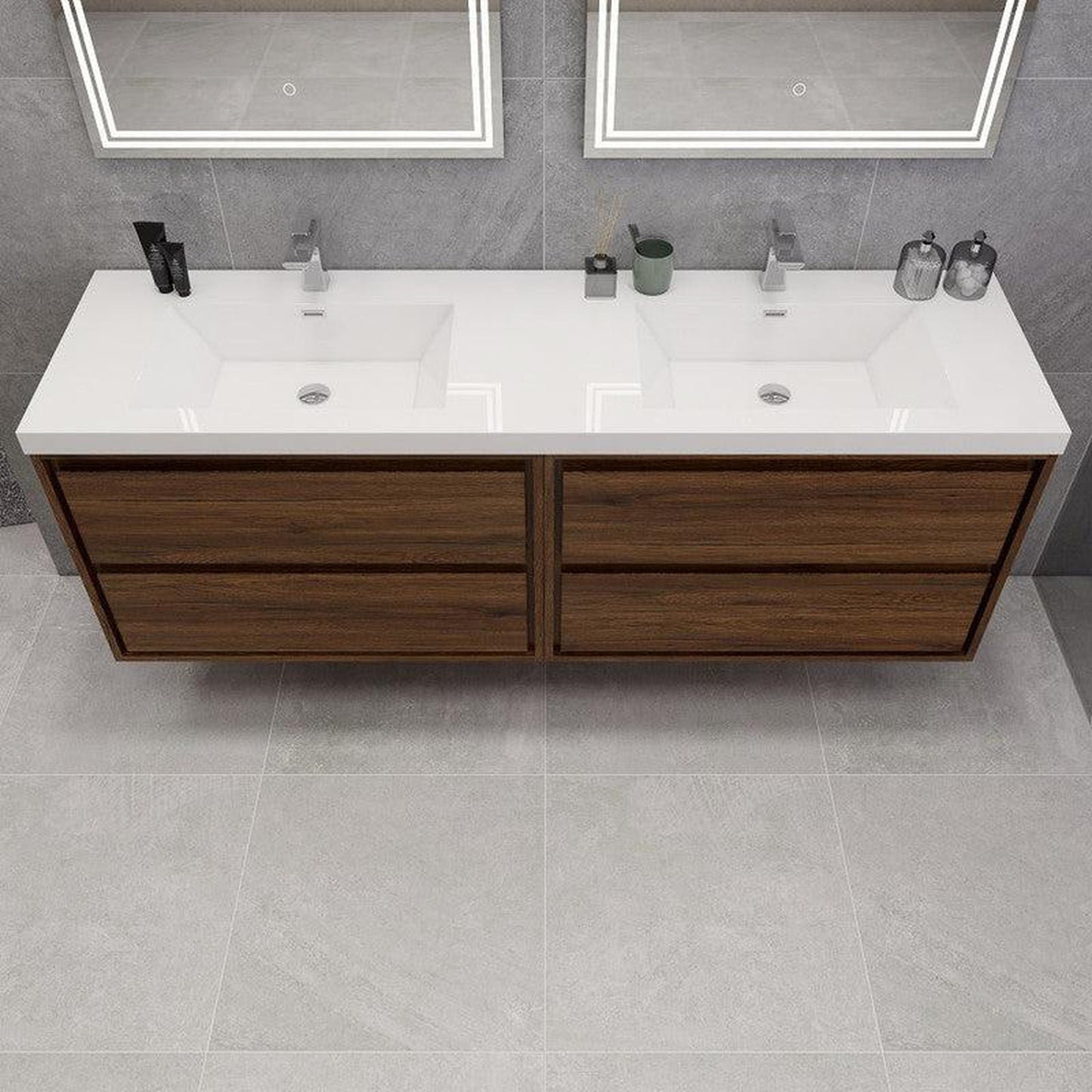 Moreno Bath Sage 72" Rosewood Wall-Mounted Modern Vanity With Double Reinforced White Acrylic Sinks