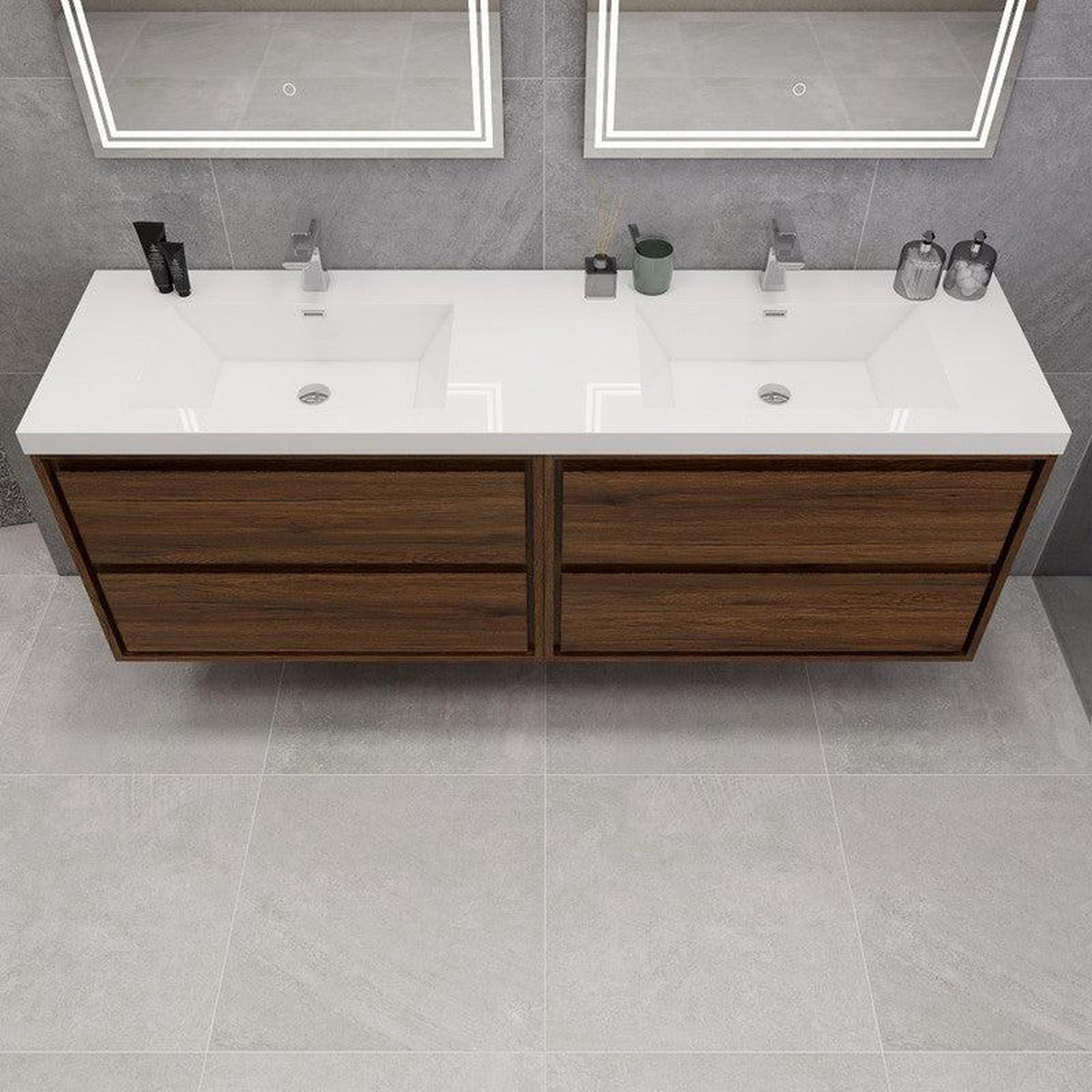 Moreno Bath Sage 72" Rosewood Wall-Mounted Modern Vanity With Double Reinforced White Acrylic Sinks