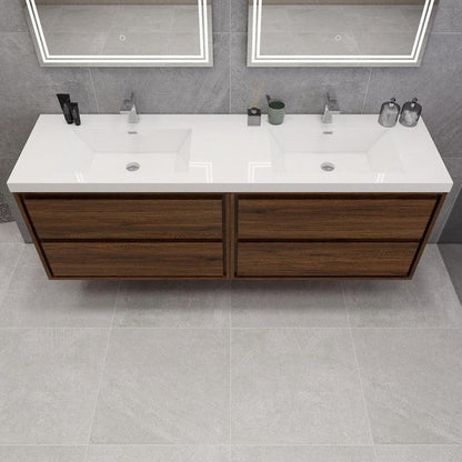 Moreno Bath Sage 72" Rosewood Wall-Mounted Modern Vanity With Double Reinforced White Acrylic Sinks