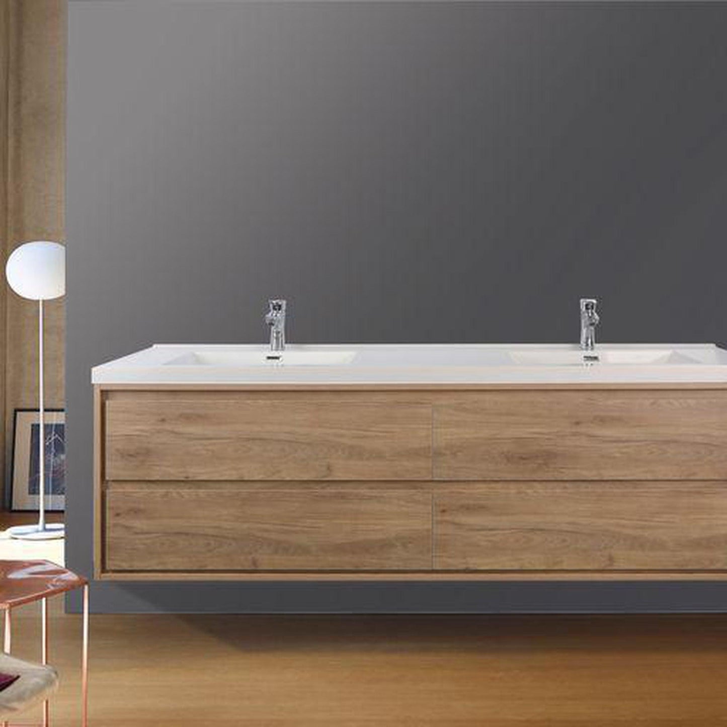Moreno Bath Sage 72" White Oak Wall-Mounted Modern Vanity With Double Reinforced White Acrylic Sinks