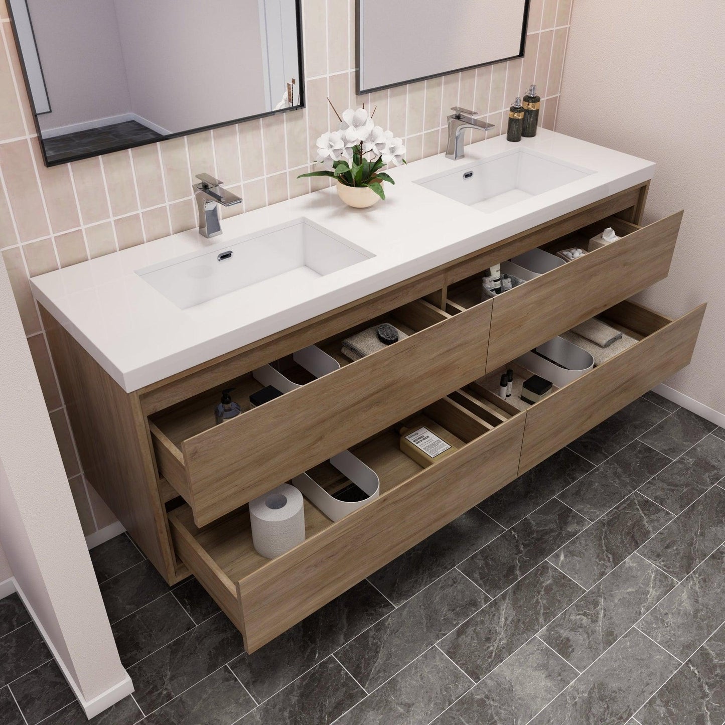 Moreno Bath Sage 72" White Oak Wall-Mounted Modern Vanity With Double Reinforced White Acrylic Sinks