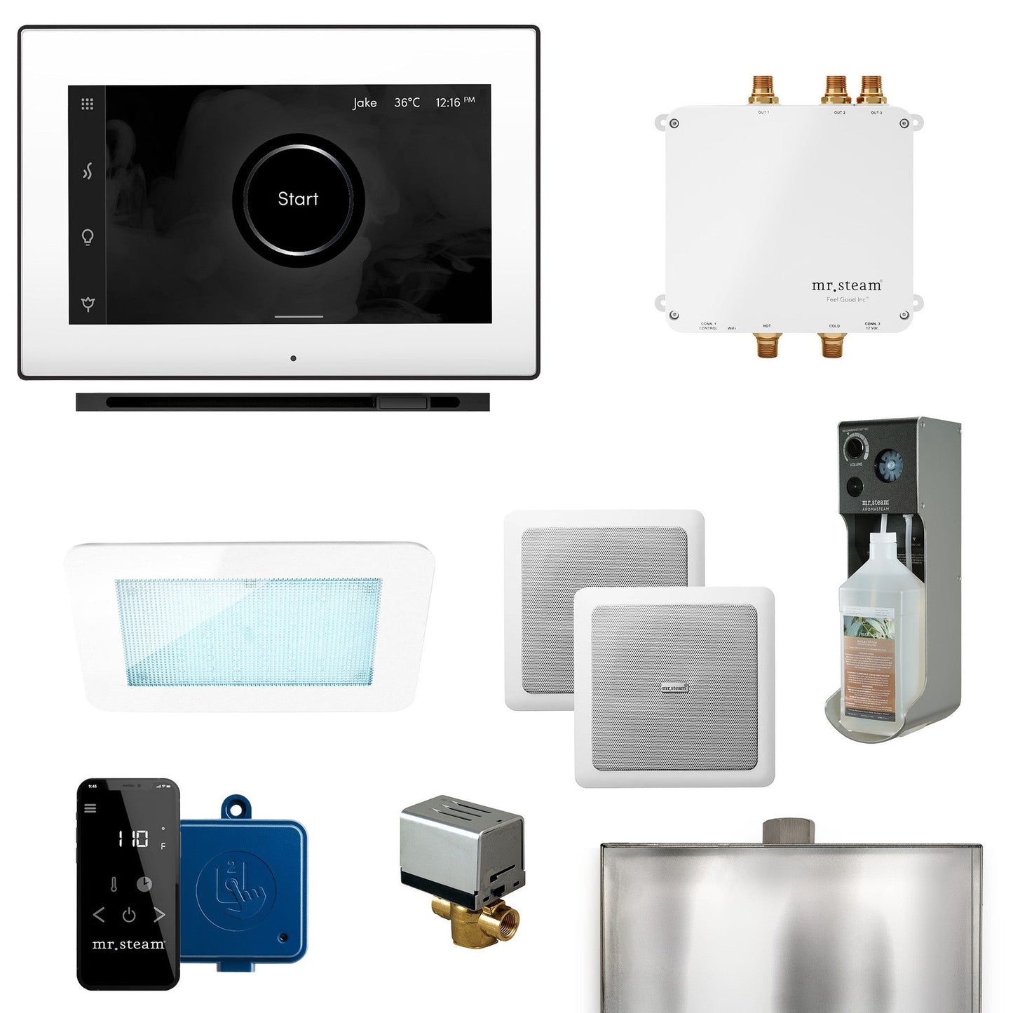 MrSteam Bliss Linear 22" Programmable Steam Generator Control Kit With iSteamX Control and Linear Steamhead in White Matte Black