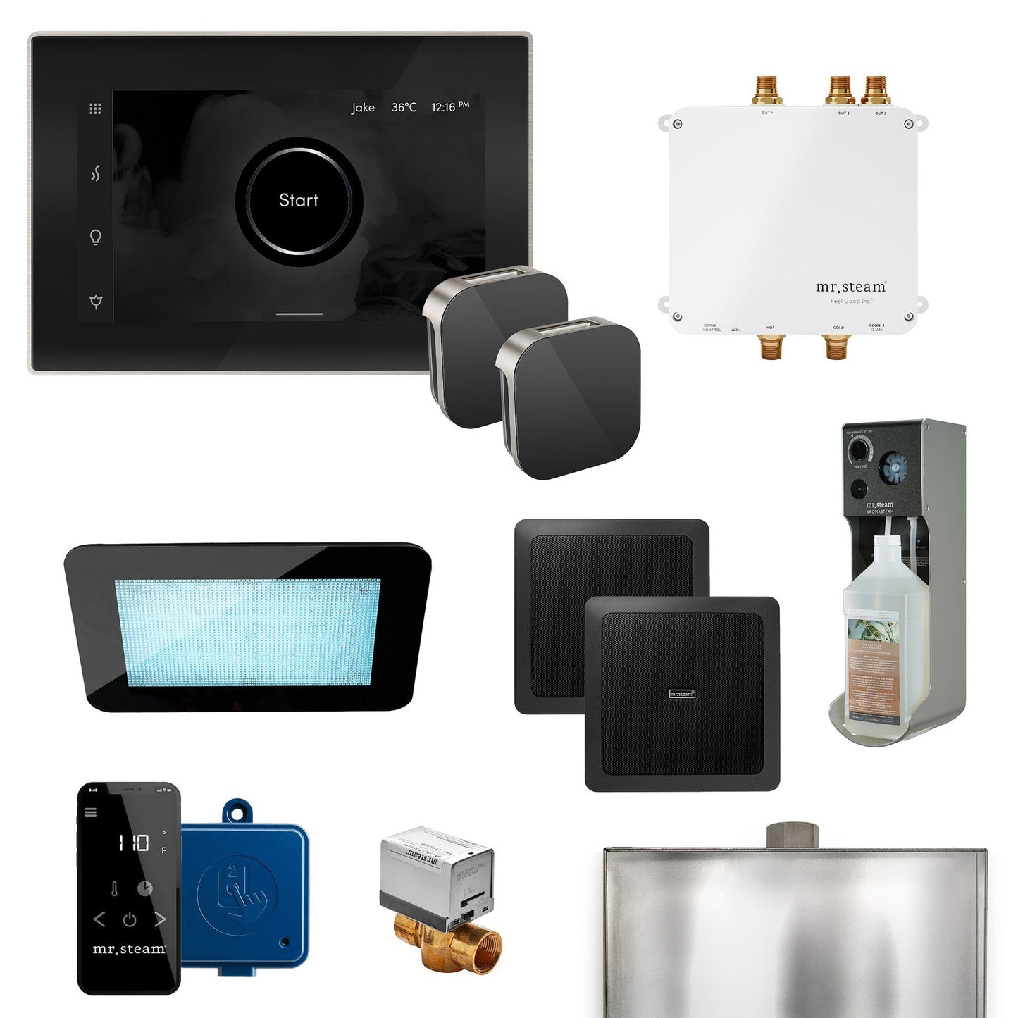 MrSteam Bliss Max 36" Programmable Steam Generator Control Kit With iSteamX Control and Aroma Glass Steamhead in Black Brushed Nickel