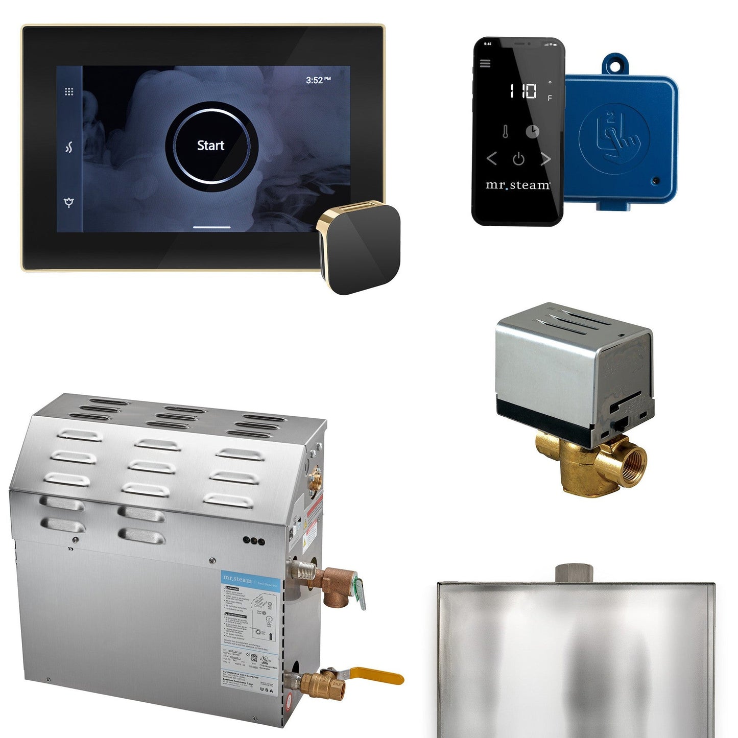 MrSteam MS (XButler) 13" 5 kW (5000 W) Steam Shower Generator Package With iSteamX Control in Black Polished Brass