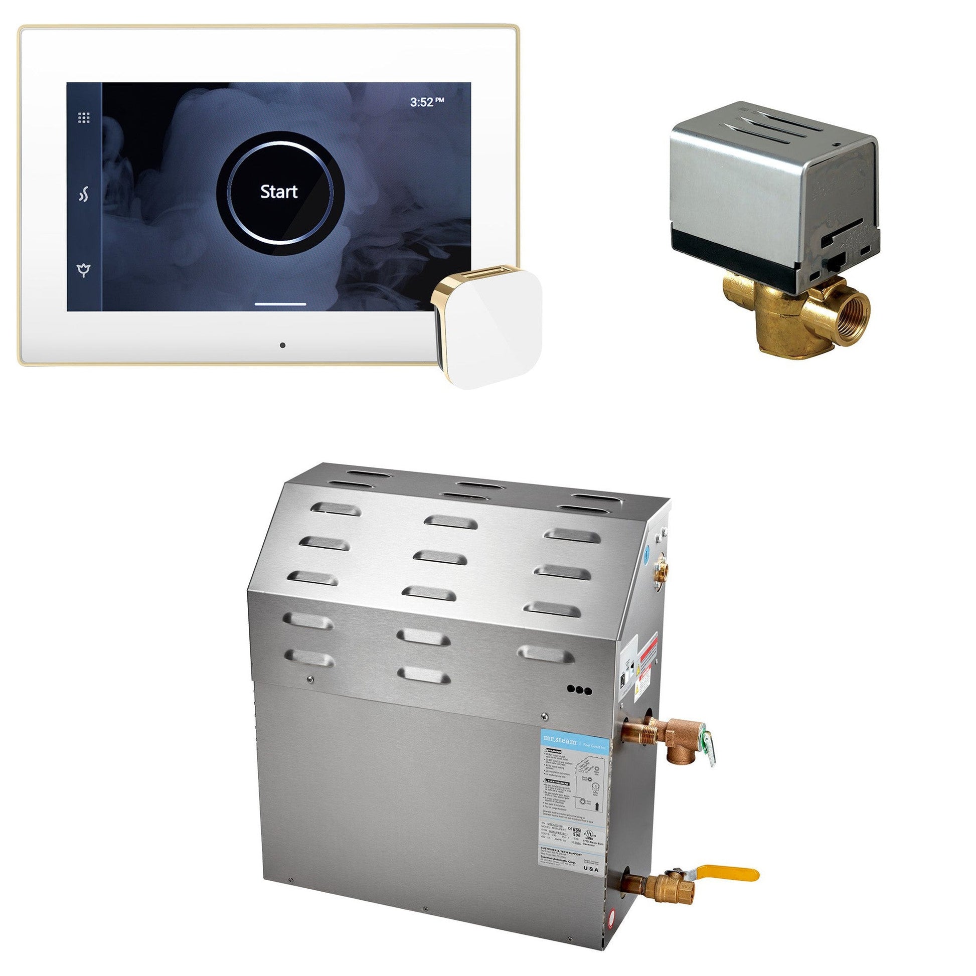 MrSteam Super (iSteamX) 23" 12 kW (12000 W) Steam Shower Generator Package with iSteamX Control in White Polished Brass