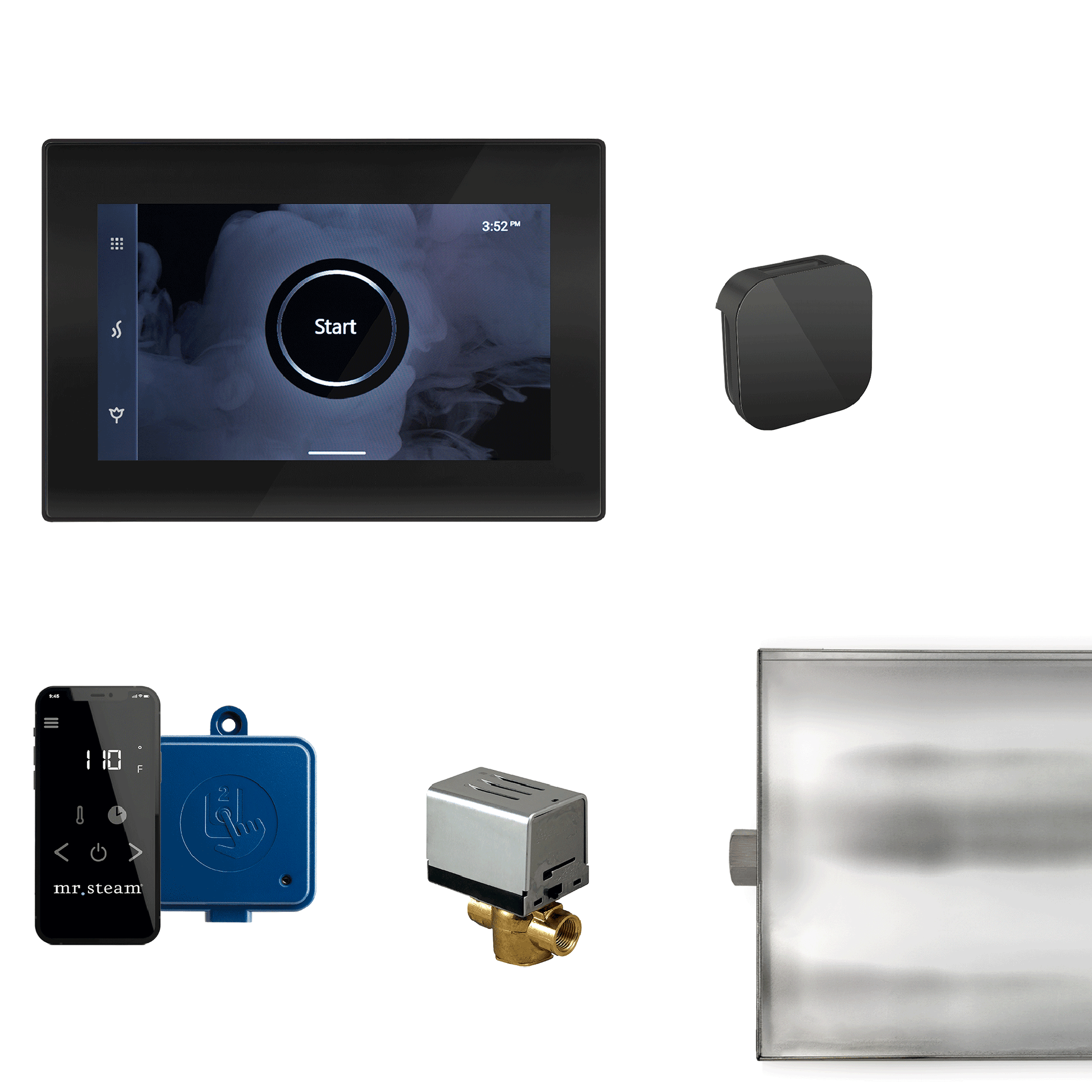 MrSteam XButler 13" Steam Shower Control Package with iSteamX Control and Aroma Glass SteamHead in Black Matte Black