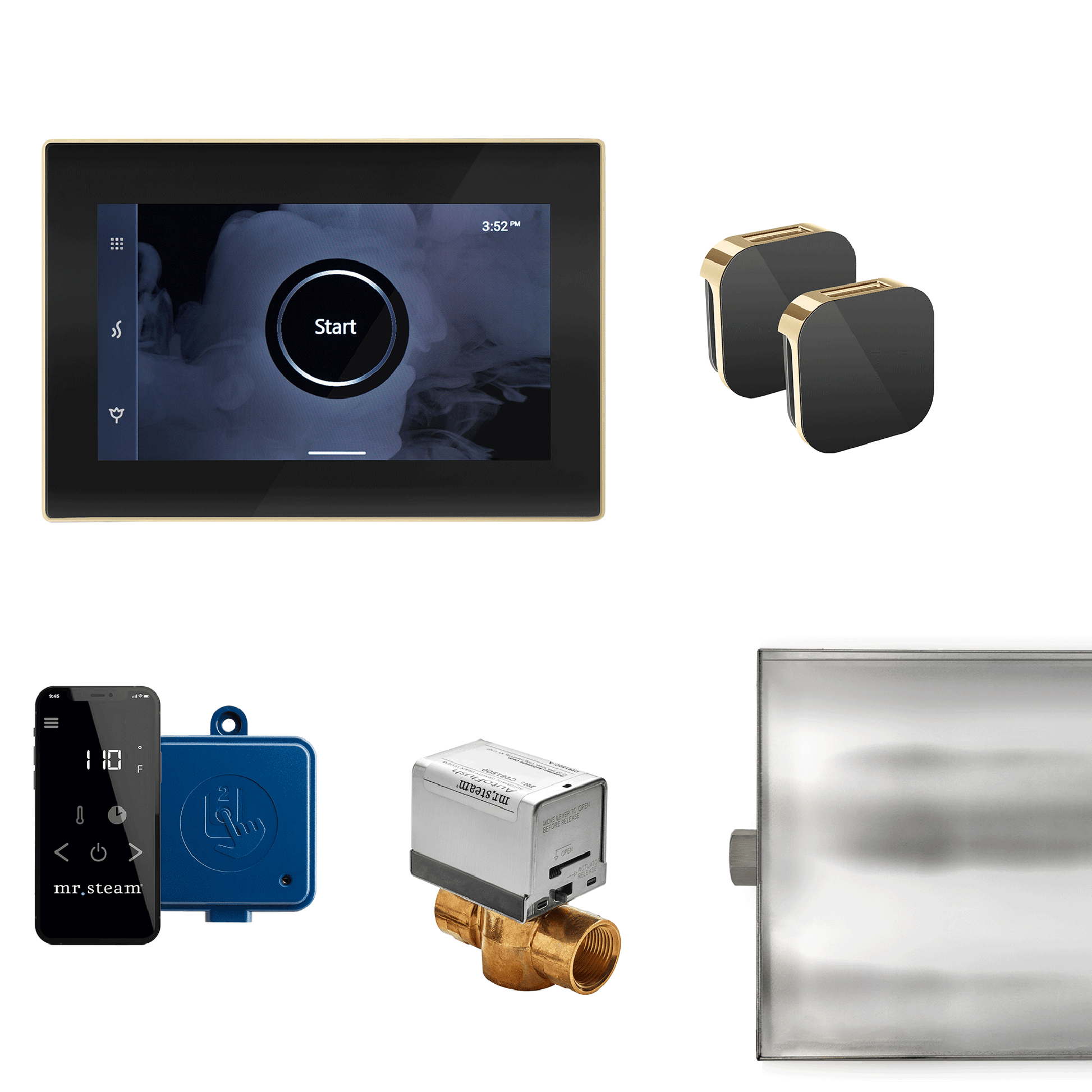 MrSteam XButler Max 32" Steam Shower Control Package with iSteamX Control and Aroma Glass SteamHead in Black Polished Brass