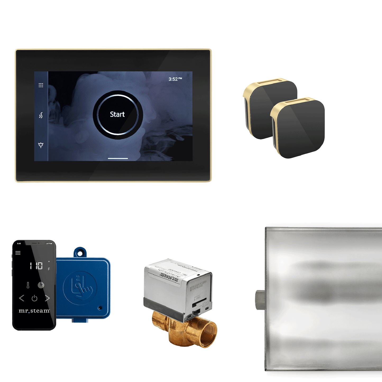 MrSteam XButler Max 32" Steam Shower Control Package with iSteamX Control and Aroma Glass SteamHead in Black Satin Brass