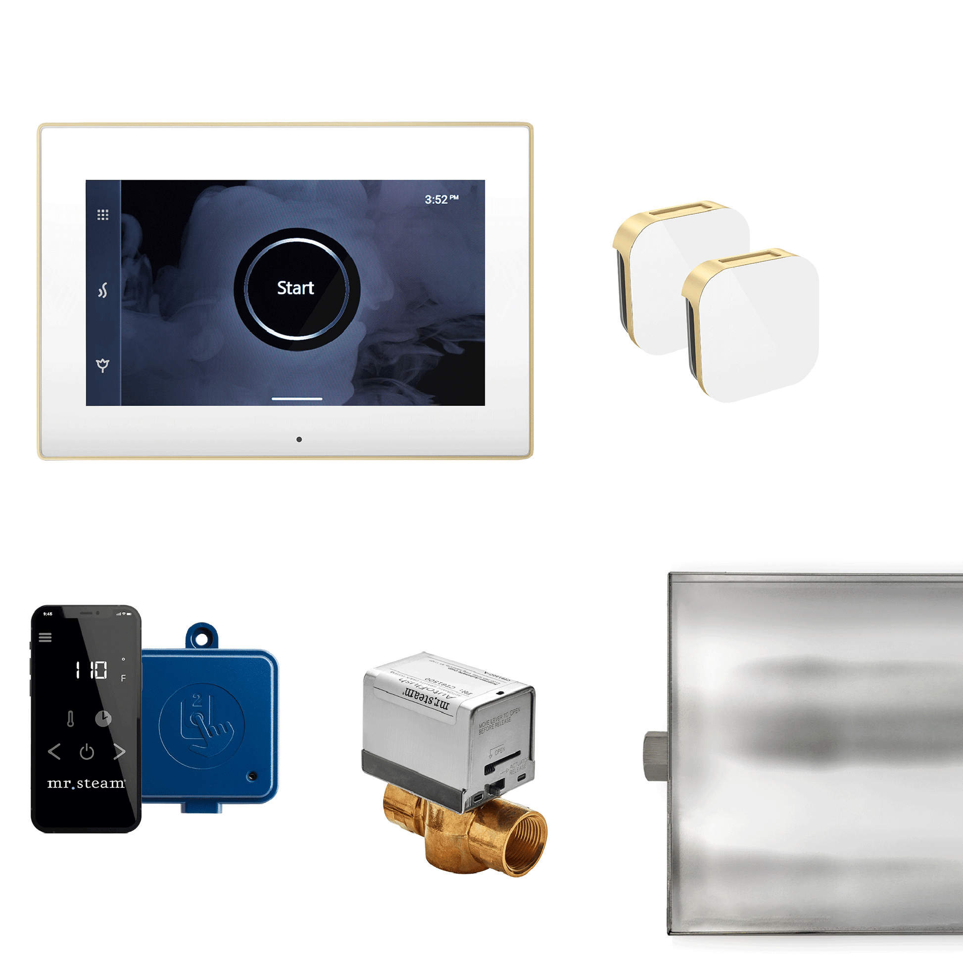 MrSteam XButler Max 32" Steam Shower Control Package with iSteamX Control and Aroma Glass SteamHead in White Satin Brass