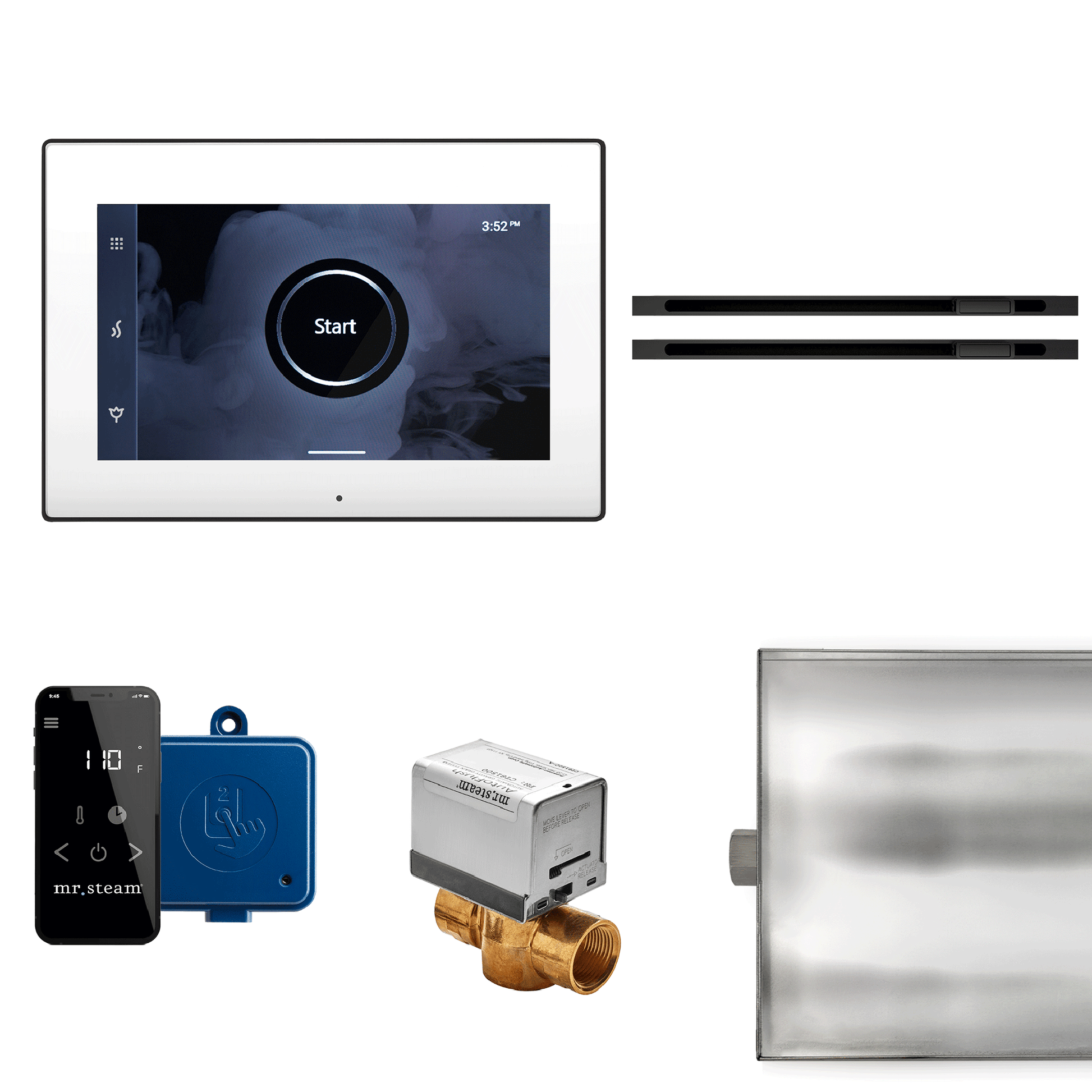 MrSteam XButler Max Linear 12" Steam Shower Control Package with iSteamX Control and Linear SteamHead in White Matte Black