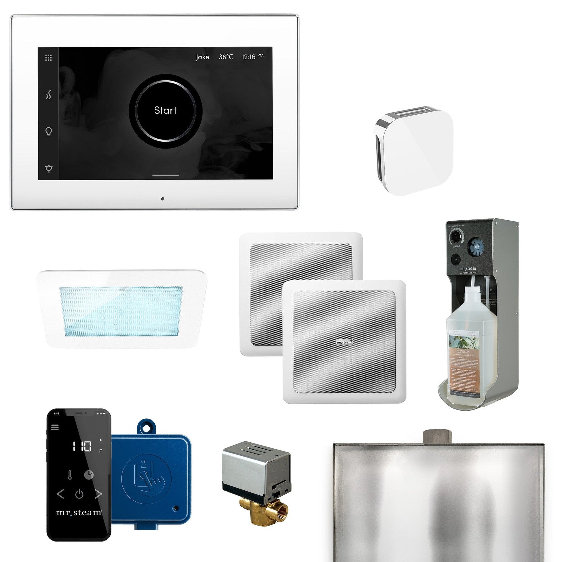 MrSteam XDream 22" Programmable Steam Generator Control Kit With iSteamX Control and Aroma Glass Steamhead in White Polished Chrome