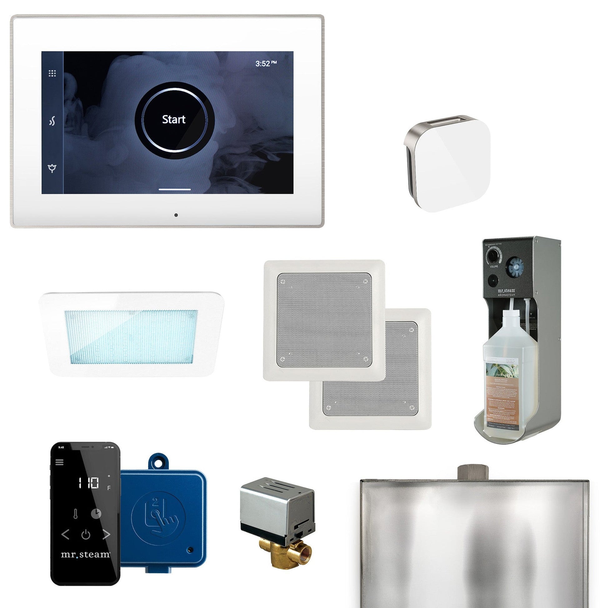 MrSteam XDream 22" Steam Shower Control Package with iSteamX Control and Aroma Glass SteamHead in White Brushed Nickel