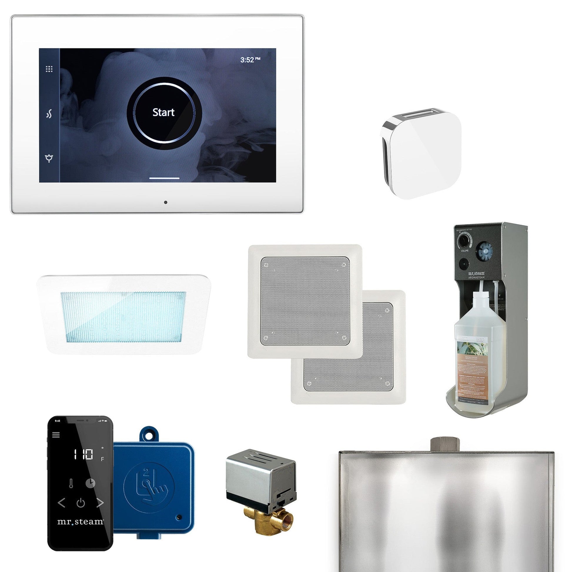 MrSteam XDream 22" Steam Shower Control Package with iSteamX Control and Aroma Glass SteamHead in White Polished Chrome