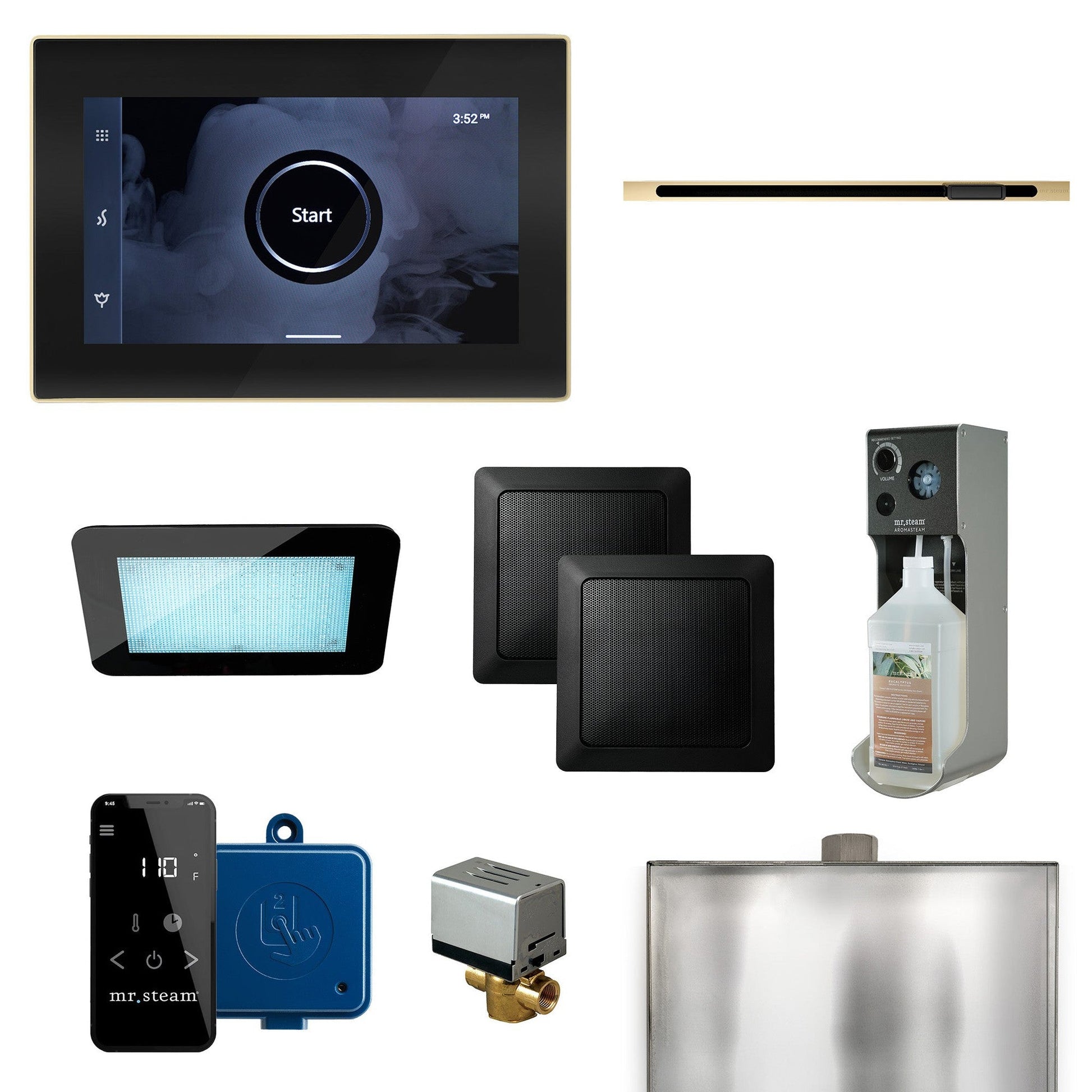 MrSteam XDream Linear 22" Steam Shower Control Package with iSteamX Control and Linear SteamHead in Black Polished Brass