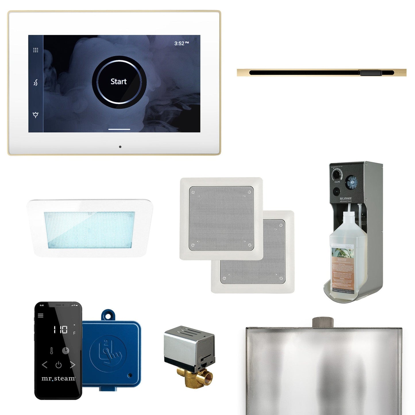 MrSteam XDream Linear 22" Steam Shower Control Package with iSteamX Control and Linear SteamHead in White Polished Brass