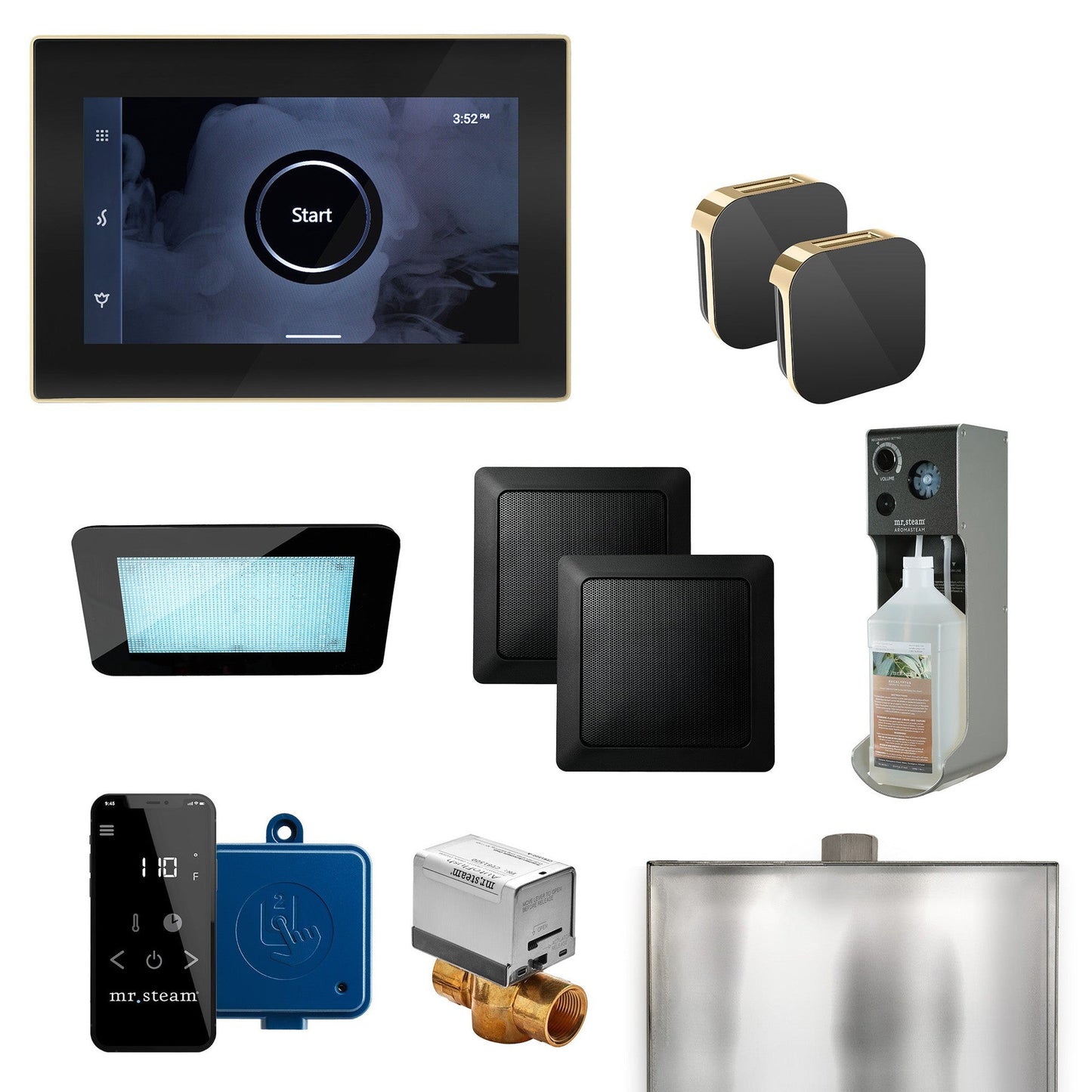 MrSteam XDream Max 36" Steam Shower Control Package with iSteamX Control and Aroma Glass SteamHead in Black Polished Brass