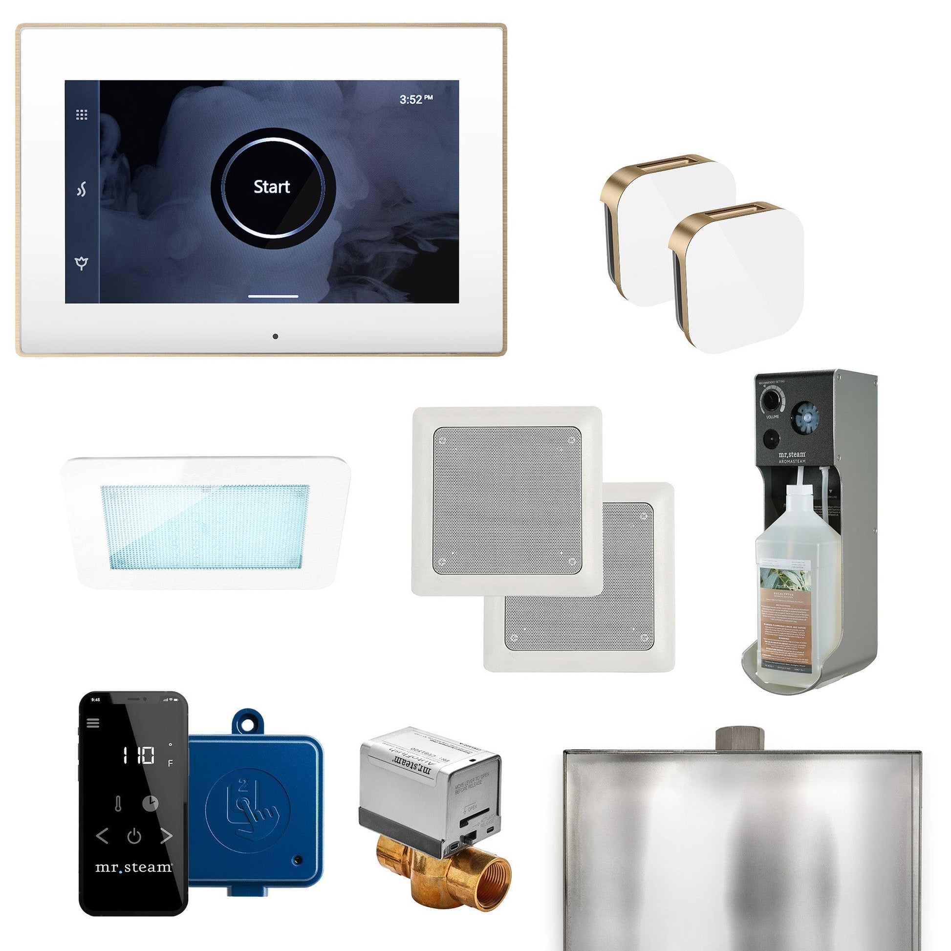 MrSteam XDream Max 36" Steam Shower Control Package with iSteamX Control and Aroma Glass SteamHead in White Brushed Bronze