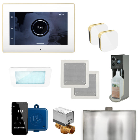 MrSteam XDream Max 36" Steam Shower Control Package with iSteamX Control and Aroma Glass SteamHead in White Satin Brass