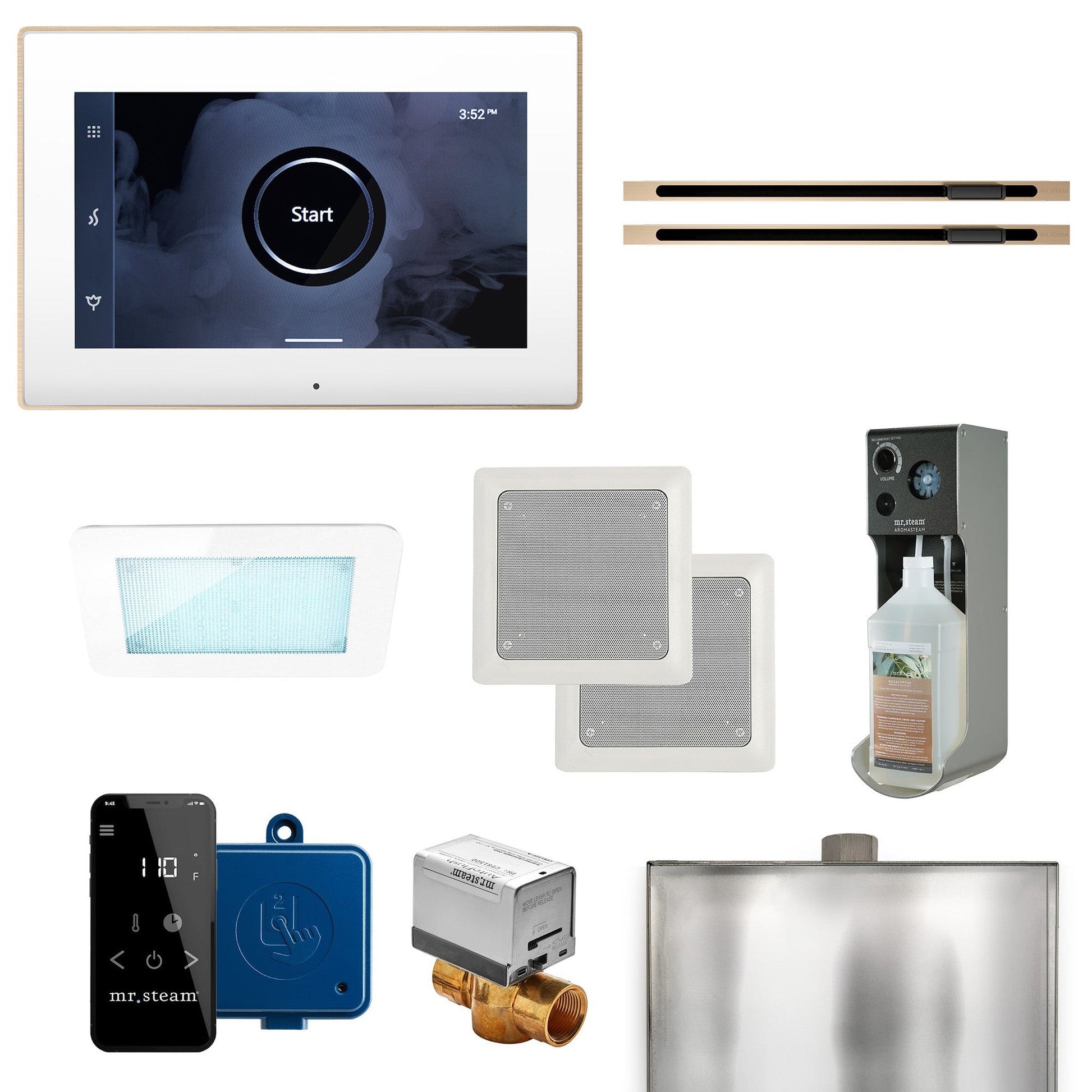 MrSteam XDream Max Linear 24" Steam Shower Control Package with iSteamX Control and Linear SteamHead in White Brushed Bronze