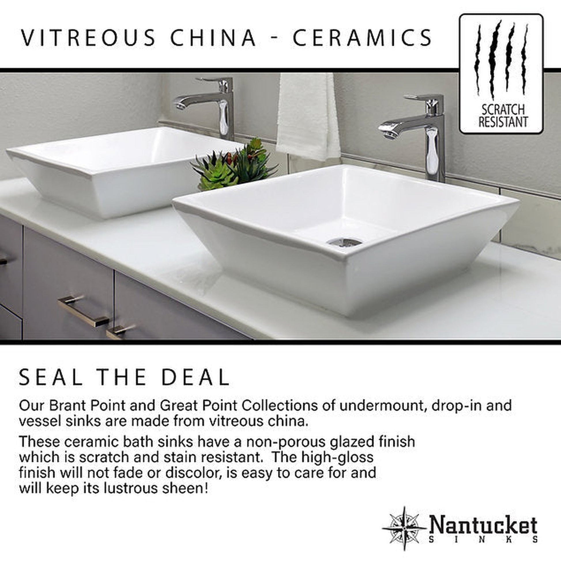 Nantucket Sinks Brant Point 15" W x 15" D Square Porcelain Enamel Glazed White Ceramic Vessel Sink