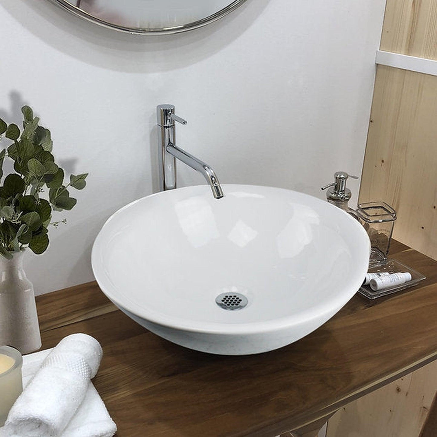 Nantucket Sinks Brant Point 17" Round Curved Porcelain Enamel Glazed White Ceramic Vessel Sink With Overflow