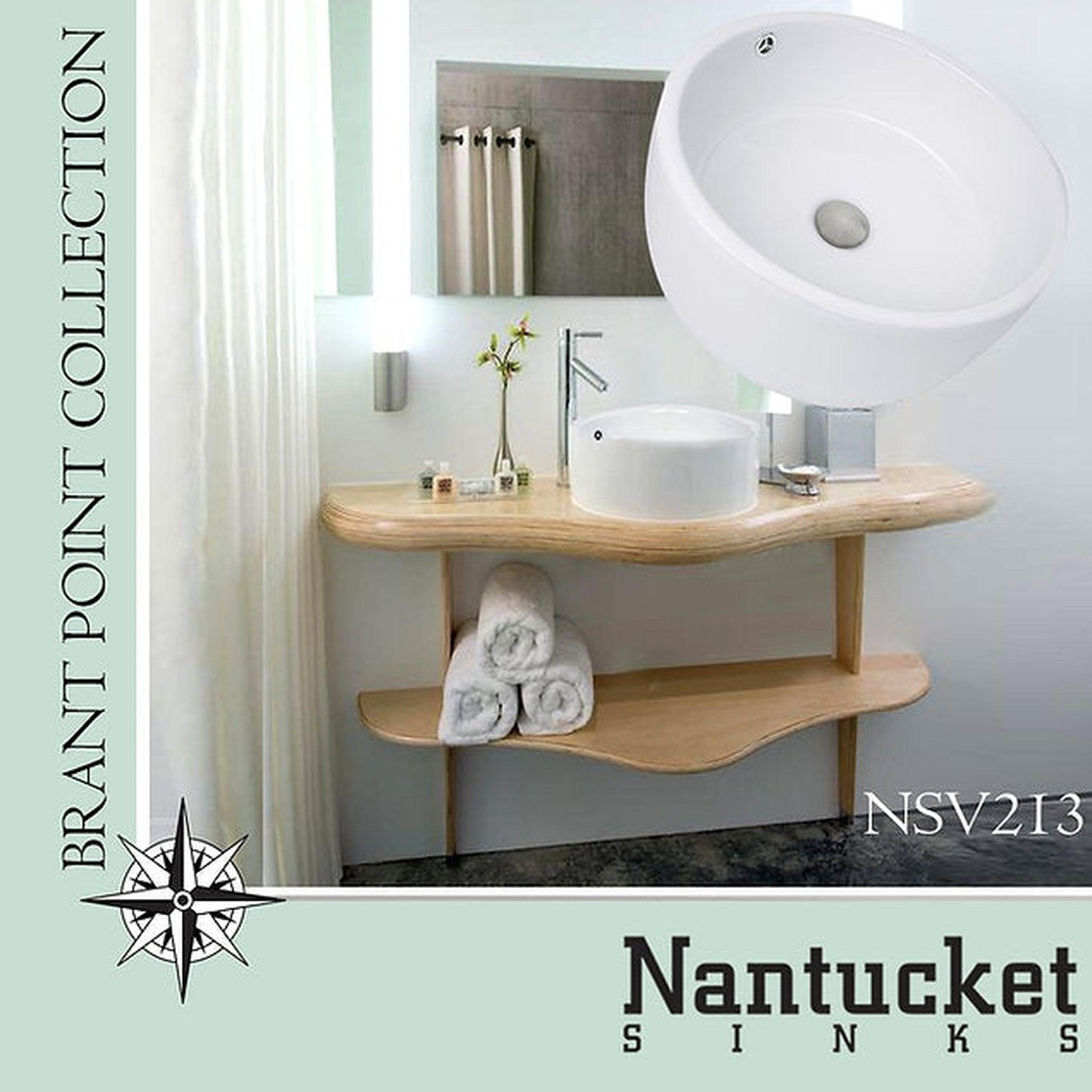 Nantucket Sinks Brant Point 17" Round Porcelain Enamel Glazed White Ceramic Vessel Sink With Overflow