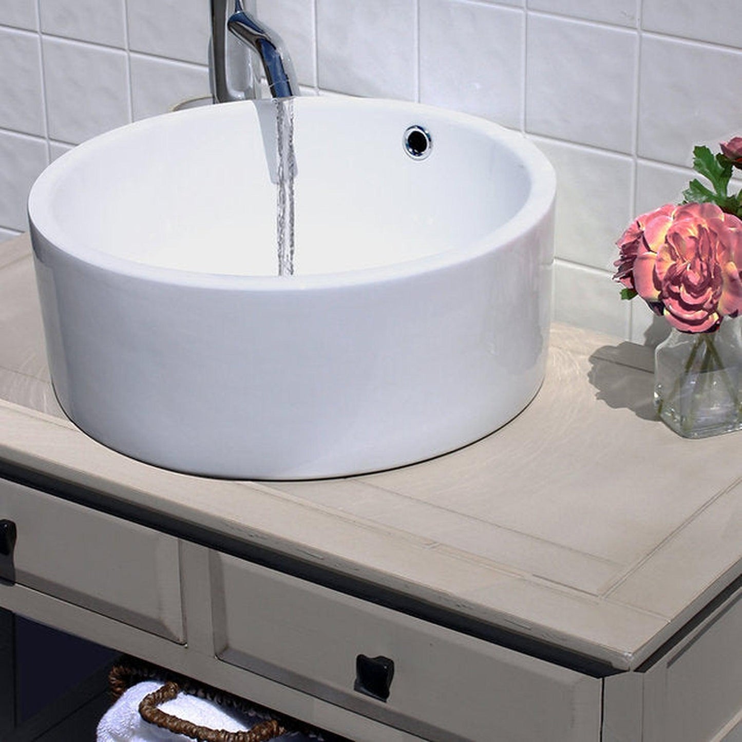 Nantucket Sinks Brant Point 17" Round Porcelain Enamel Glazed White Ceramic Vessel Sink With Overflow